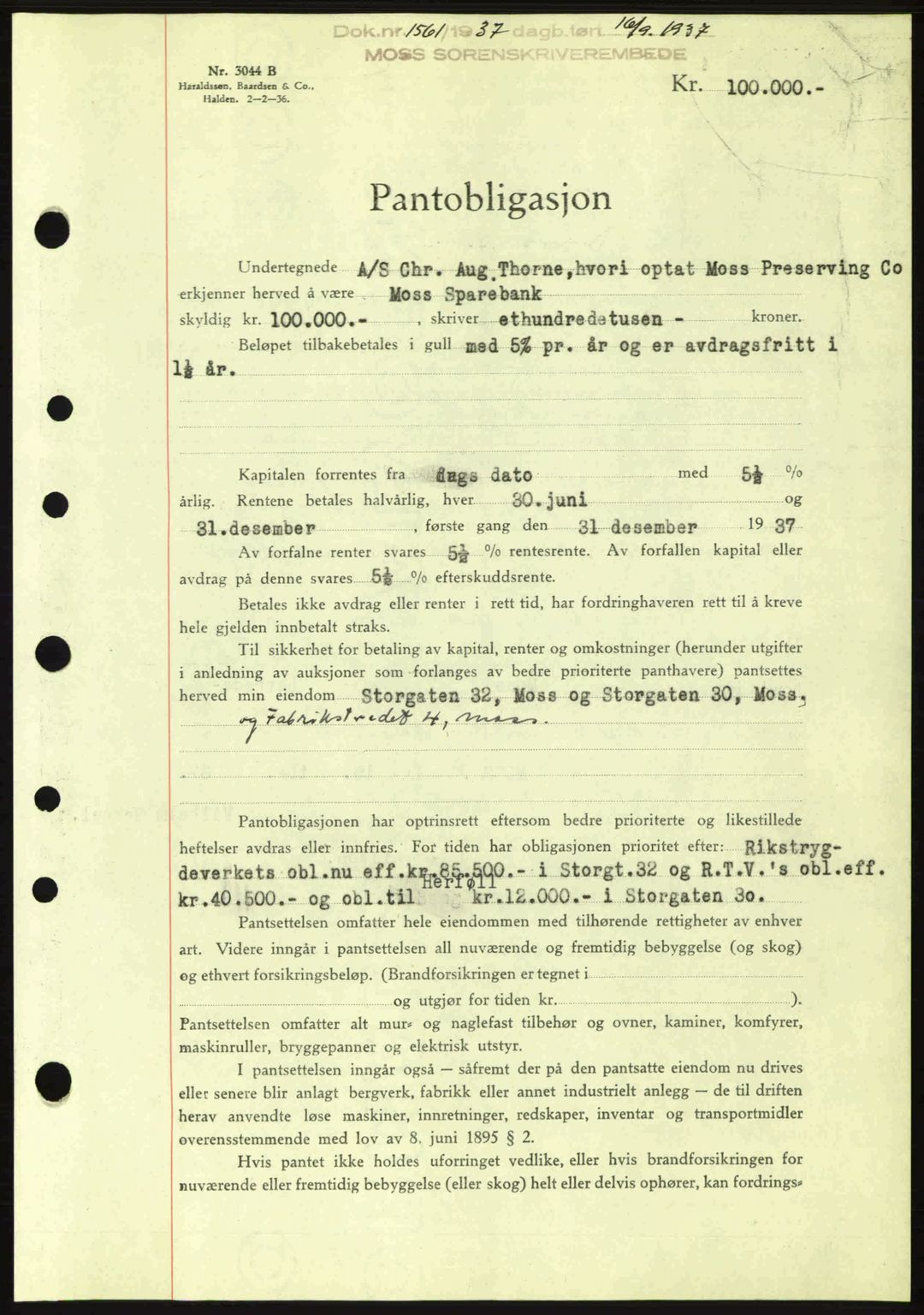 Moss sorenskriveri, SAO/A-10168: Pantebok nr. B4, 1937-1938, Dagboknr: 1561/1937