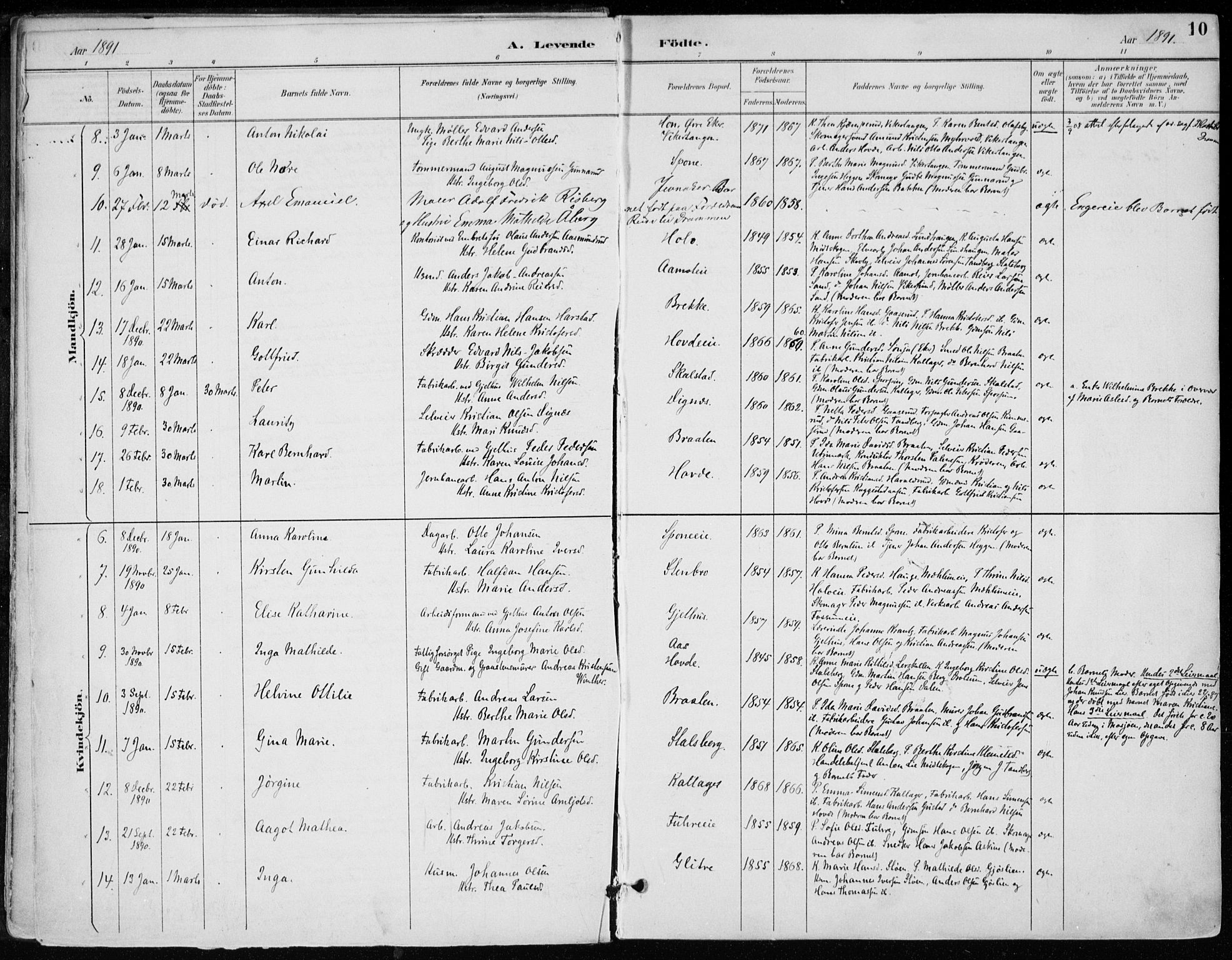 Modum kirkebøker, AV/SAKO-A-234/F/Fa/L0012: Ministerialbok nr. 12, 1890-1898, s. 10