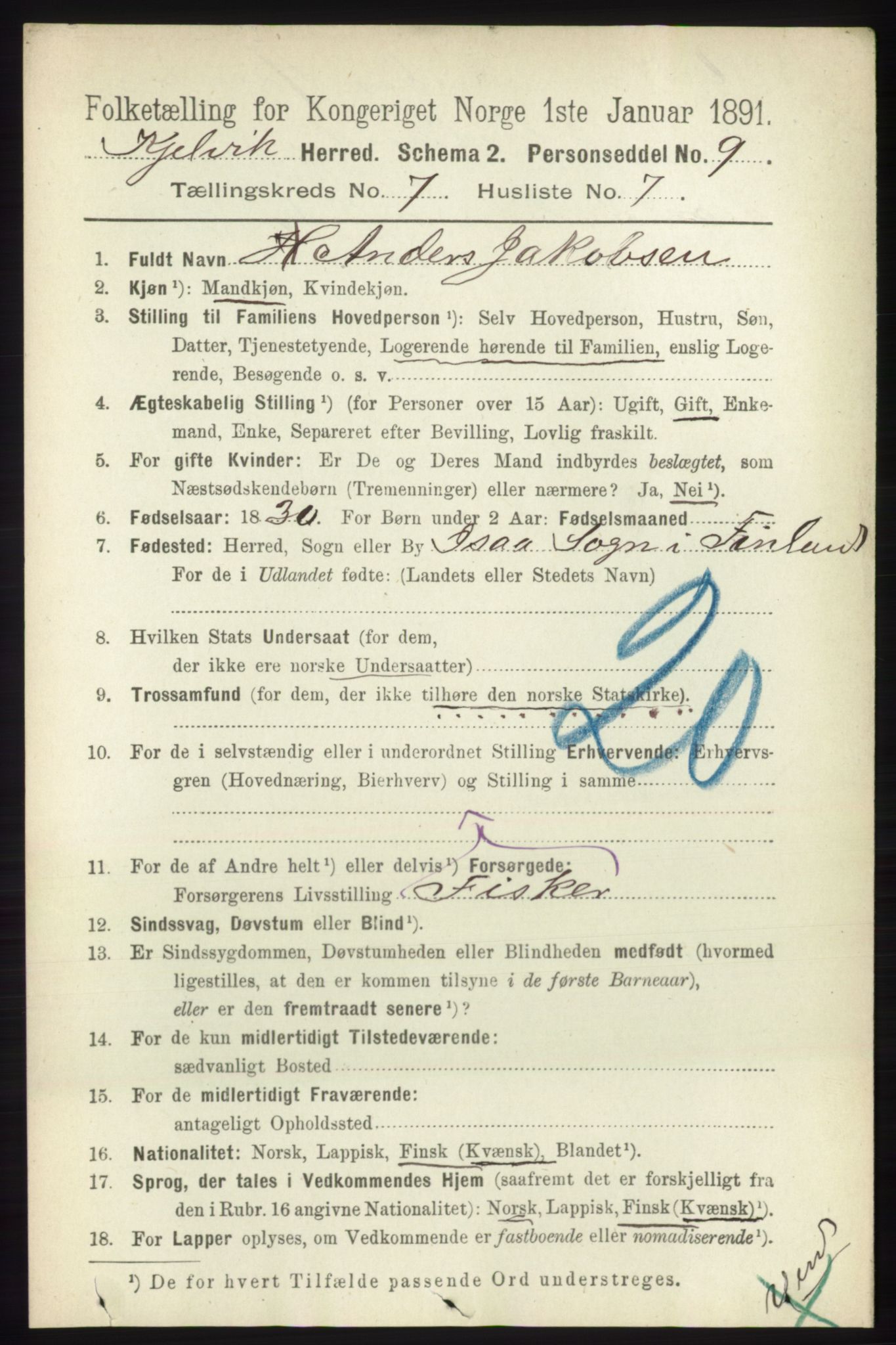 RA, Folketelling 1891 for 2019 Kjelvik herred, 1891, s. 933