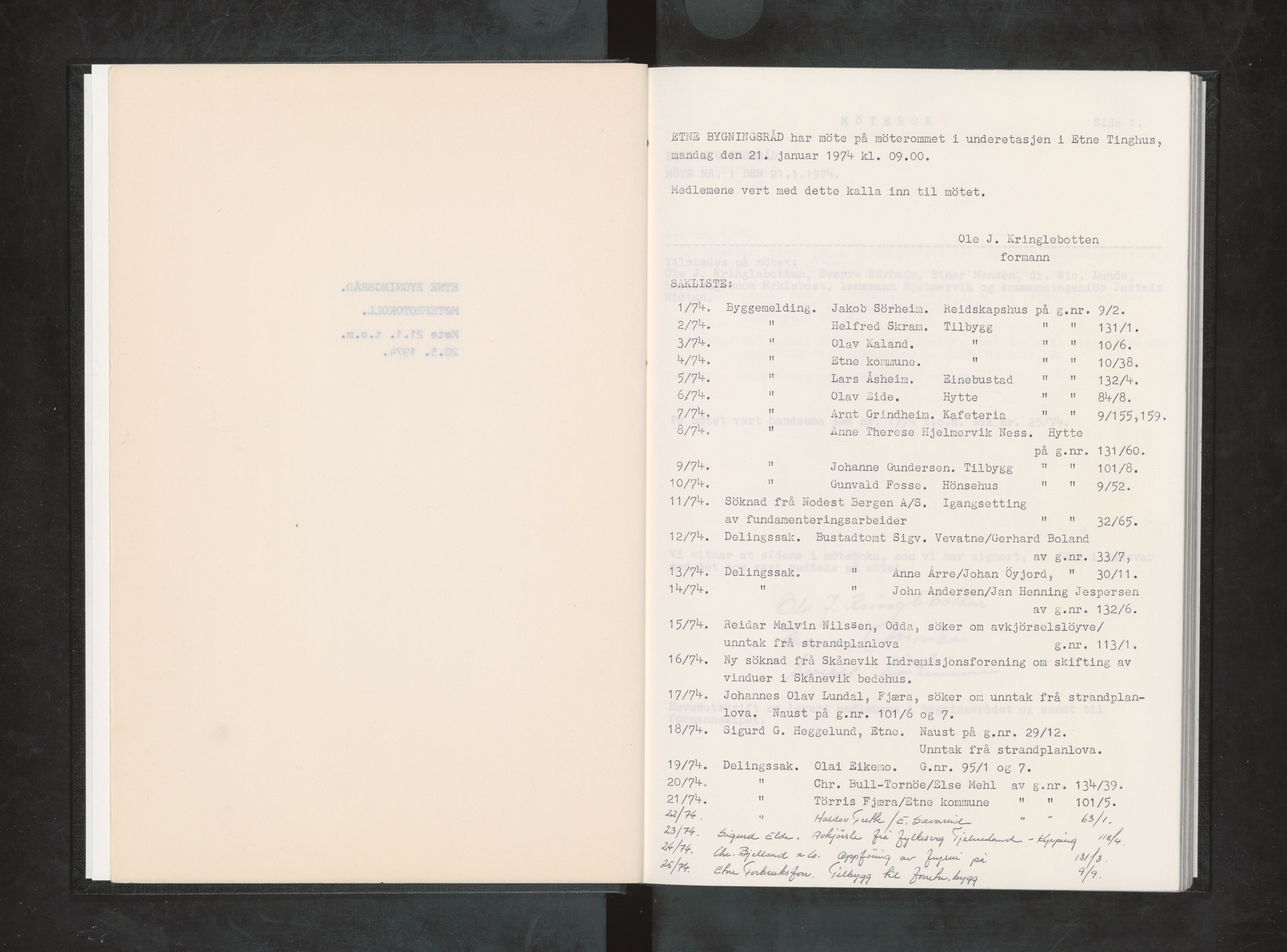 Etne kommune. Bygningsrådet, IKAH/1211-511/A/Aa/L0007: Møtebok Etne bygningsråd I, 1974