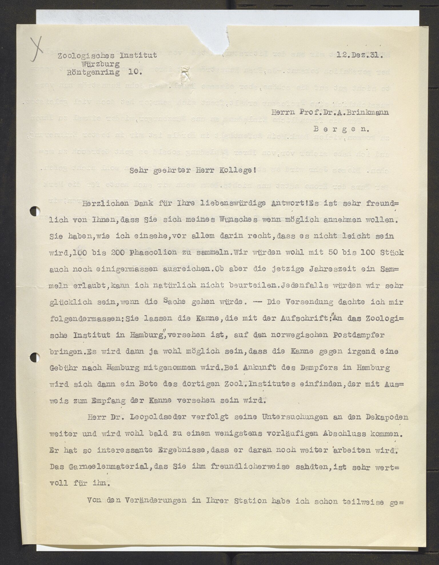 Bergens Museum, AV/SAB-A-17301/13/D/L0002: Korrespondanse , 1928-1940, s. 238