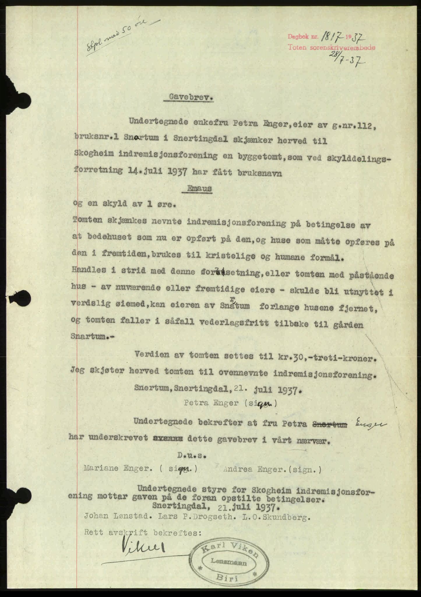 Toten tingrett, SAH/TING-006/H/Hb/Hbc/L0003: Pantebok nr. Hbc-03, 1937-1938, Dagboknr: 1817/1937
