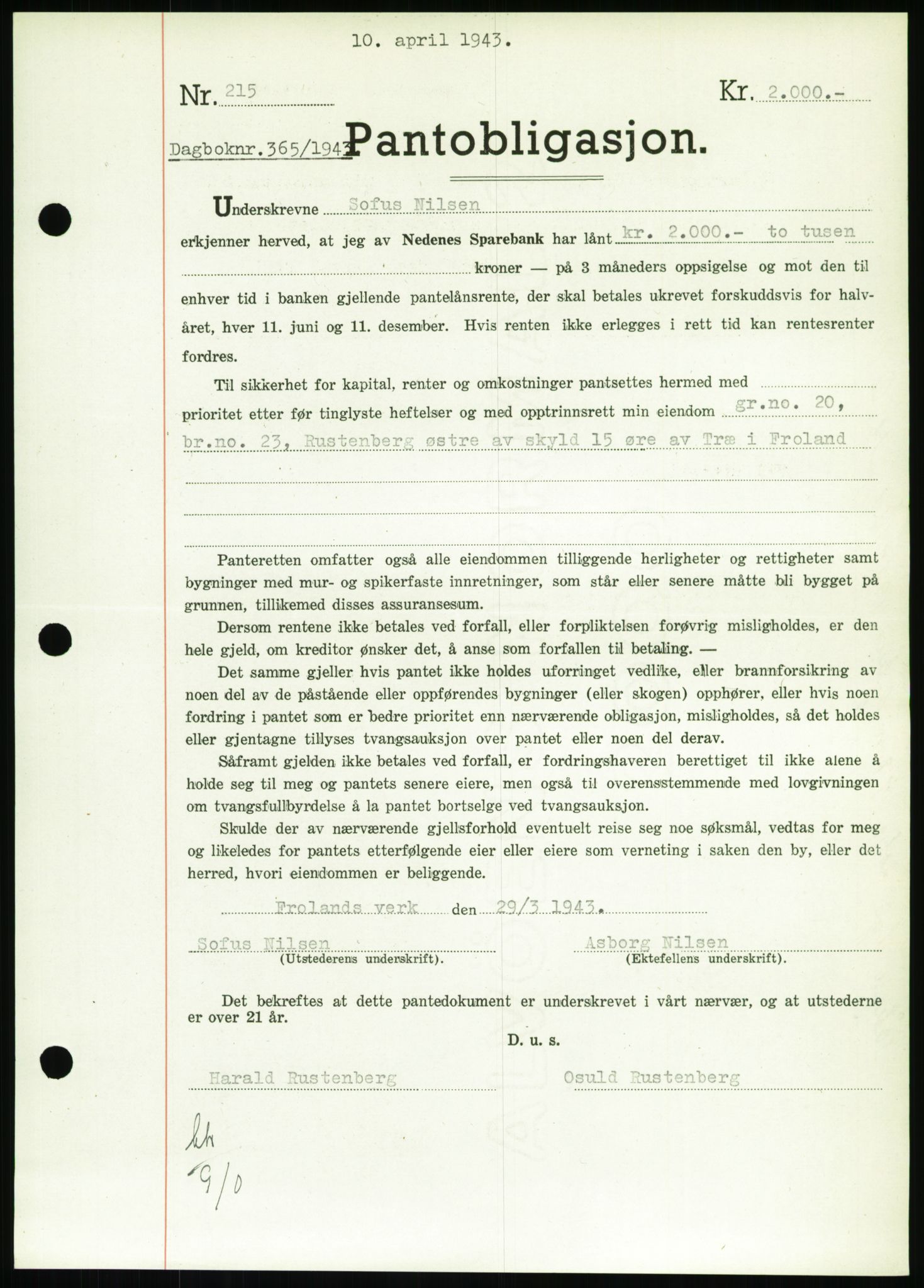 Nedenes sorenskriveri, SAK/1221-0006/G/Gb/Gbb/L0002: Pantebok nr. II, 1942-1945, Dagboknr: 365/1943