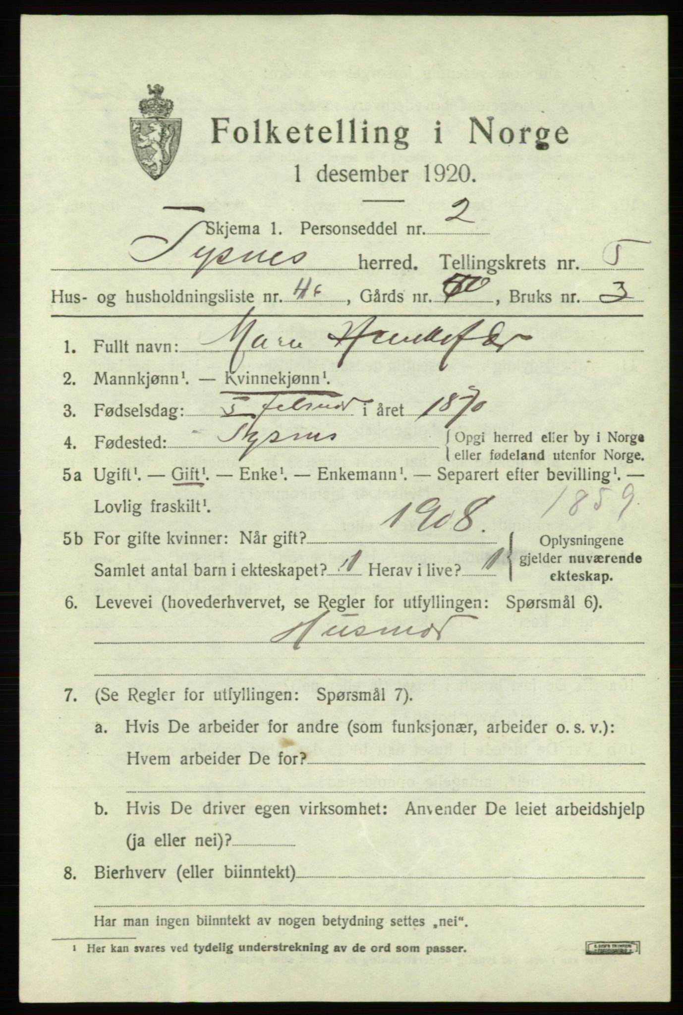 SAB, Folketelling 1920 for 1223 Tysnes herred, 1920, s. 4354