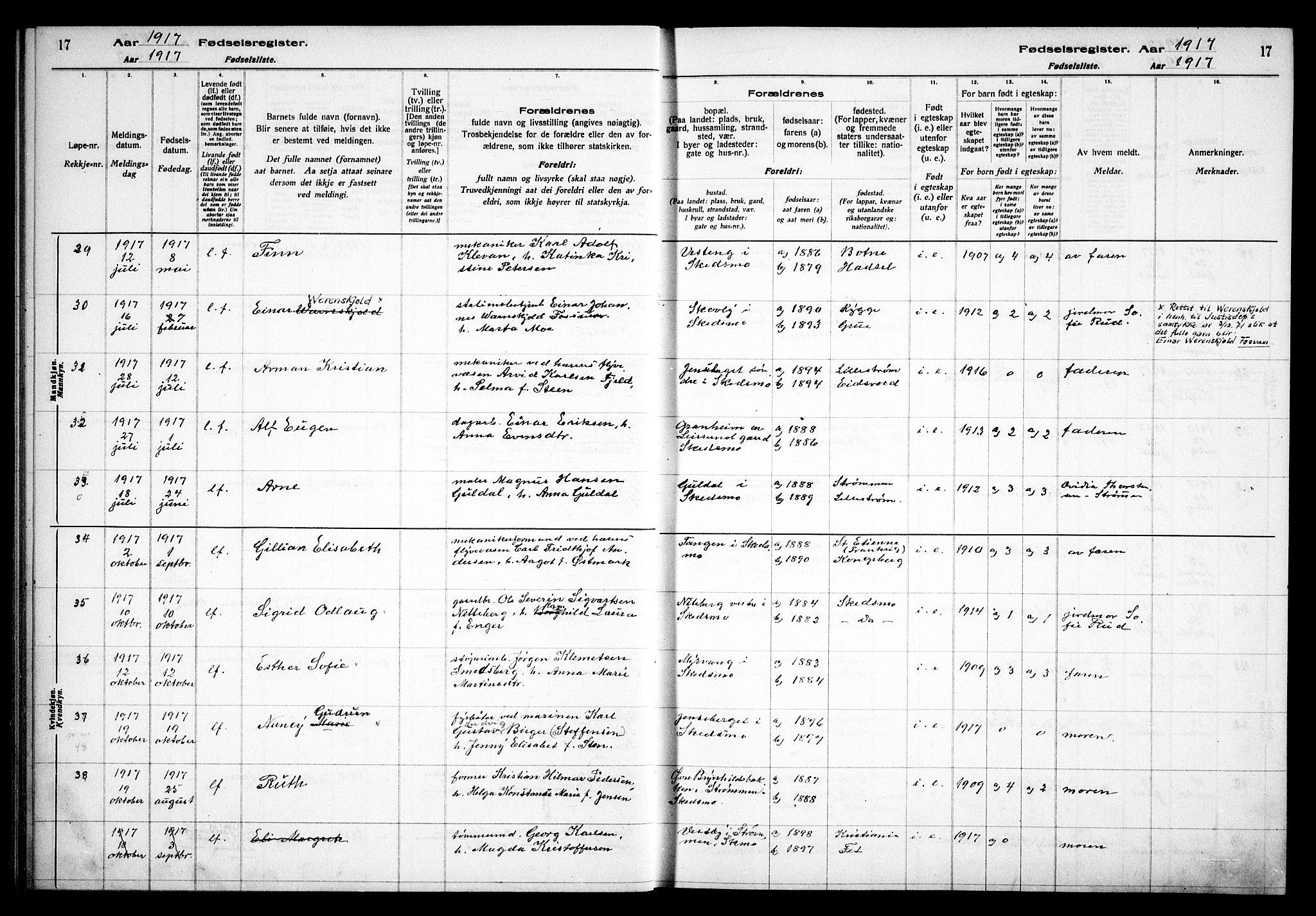 Skedsmo prestekontor Kirkebøker, AV/SAO-A-10033a/J/Ja/L0001: Fødselsregister nr. I 1, 1916-1931, s. 17