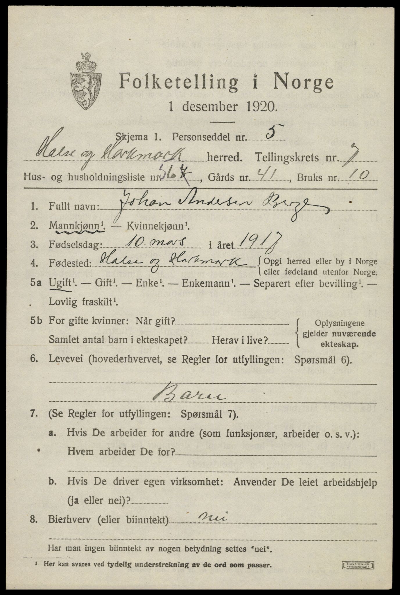 SAK, Folketelling 1920 for 1019 Halse og Harkmark herred, 1920, s. 4291