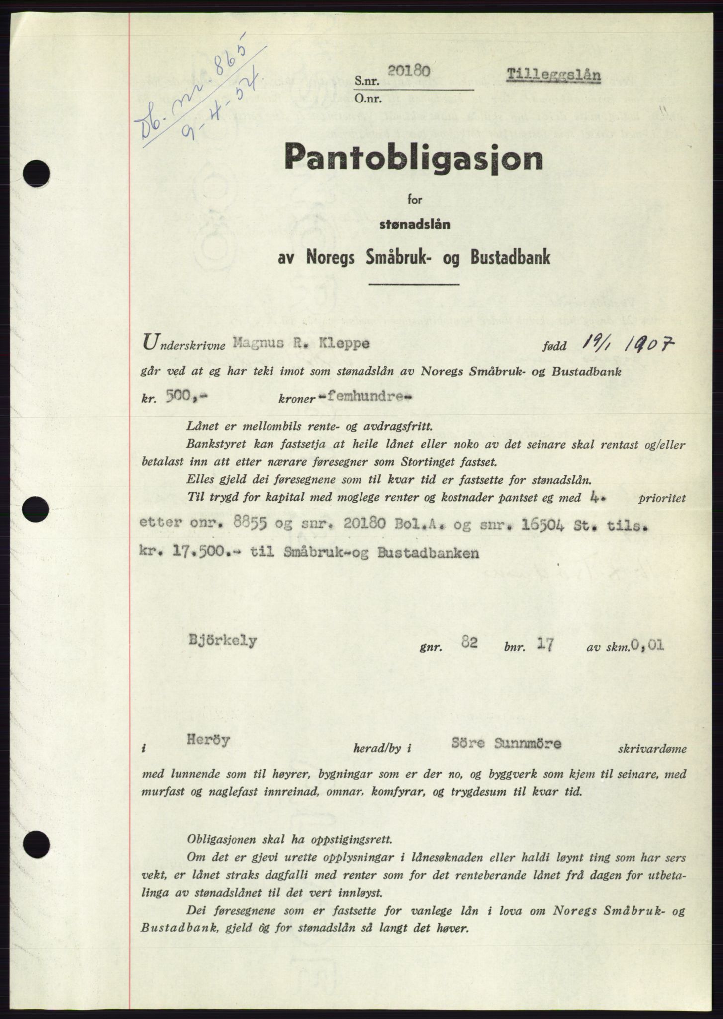 Søre Sunnmøre sorenskriveri, SAT/A-4122/1/2/2C/L0124: Pantebok nr. 12B, 1953-1954, Dagboknr: 865/1954
