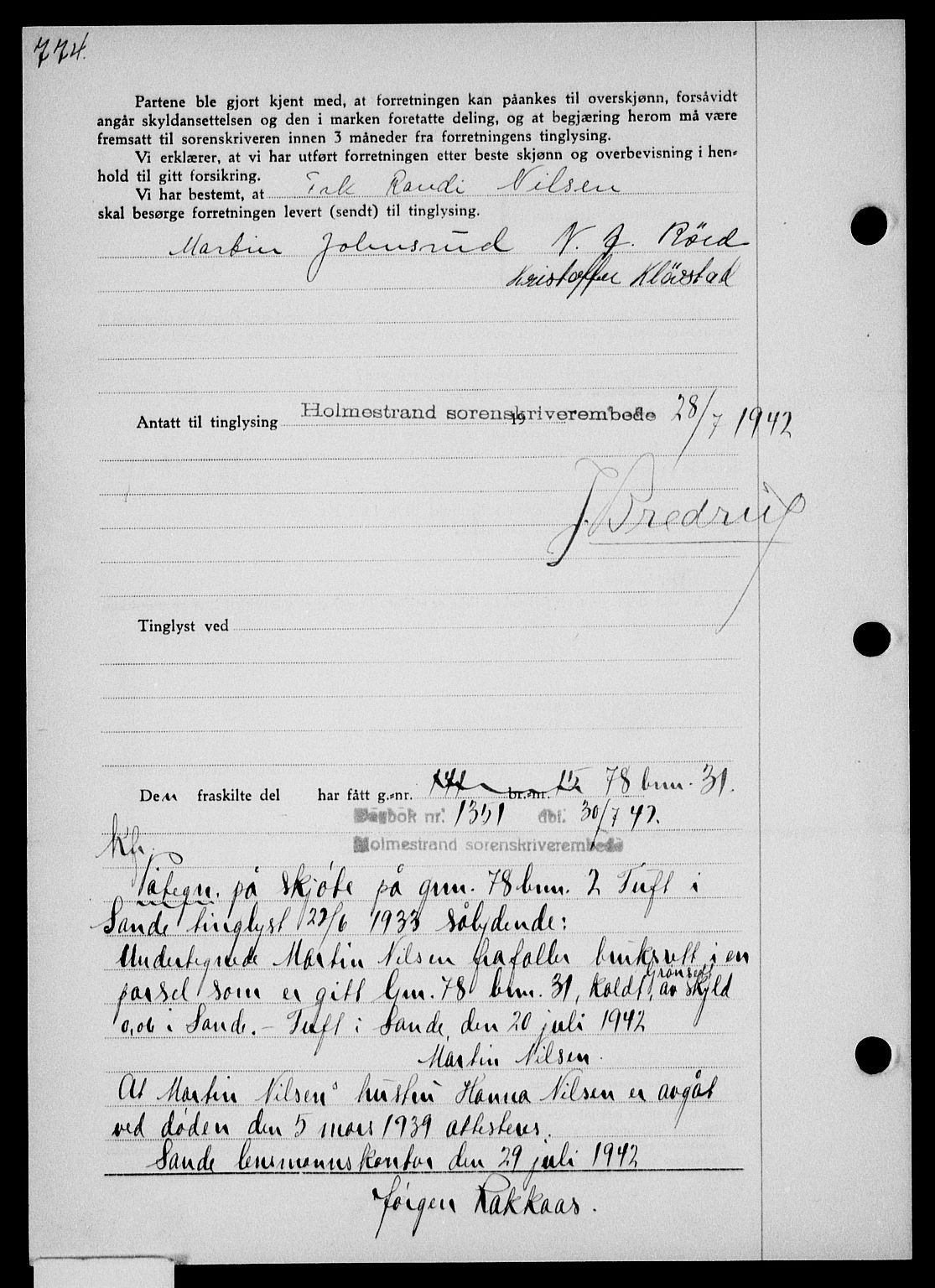 Holmestrand sorenskriveri, SAKO/A-67/G/Ga/Gaa/L0055: Pantebok nr. A-55, 1942-1942, Dagboknr: 1351/1942
