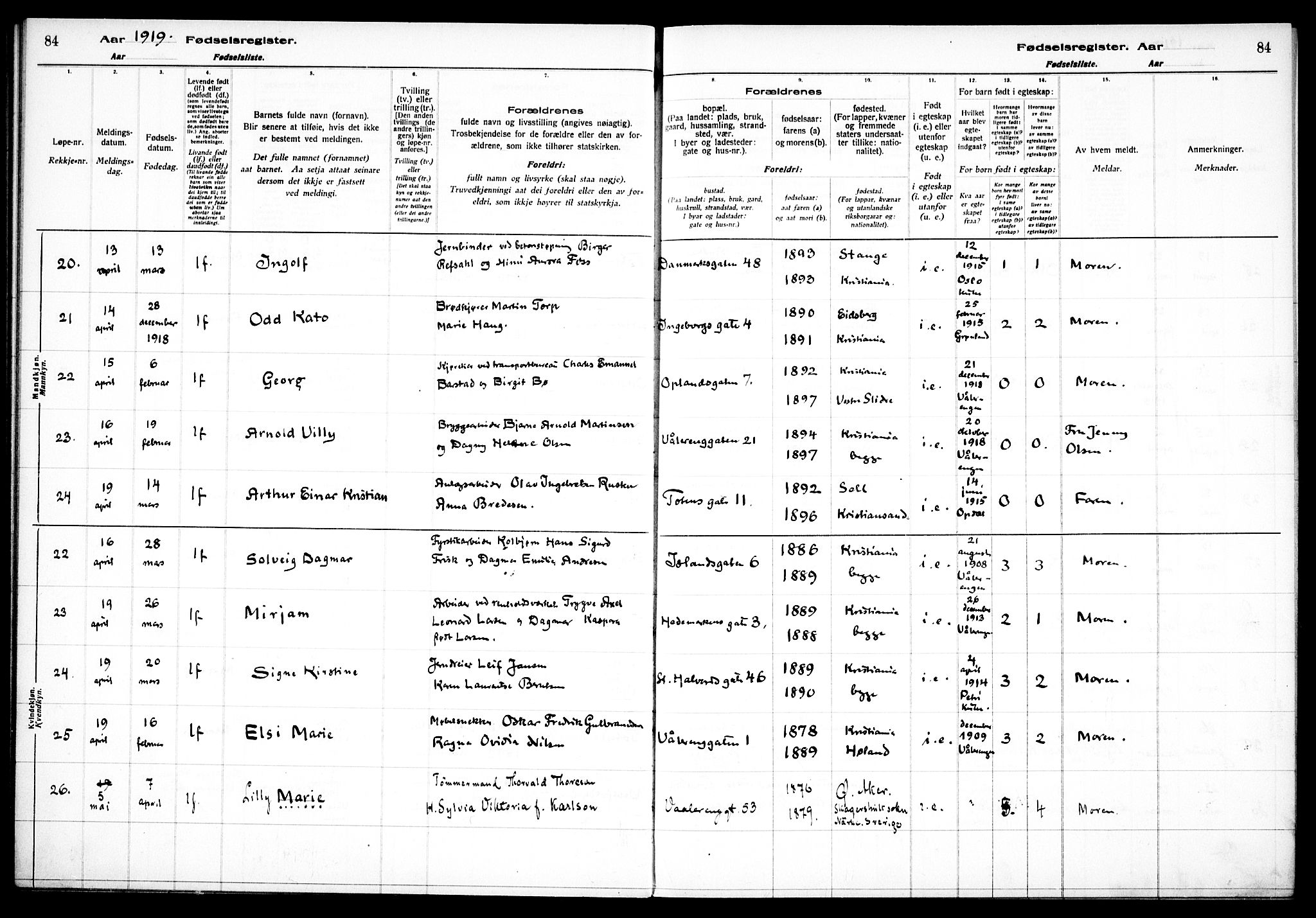 Vålerengen prestekontor Kirkebøker, AV/SAO-A-10878/J/Ja/L0001: Fødselsregister nr. 1, 1916-1924, s. 84