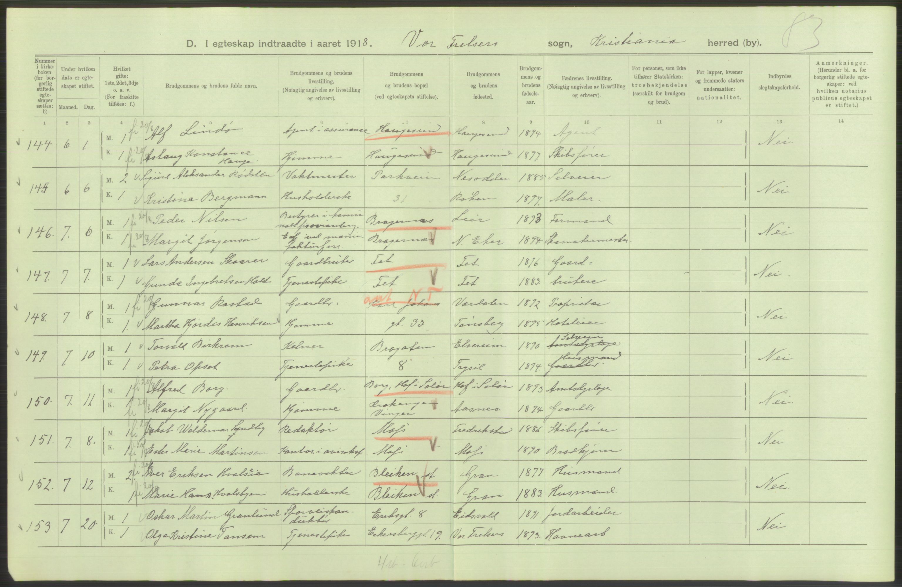 Statistisk sentralbyrå, Sosiodemografiske emner, Befolkning, AV/RA-S-2228/D/Df/Dfb/Dfbh/L0009: Kristiania: Gifte, 1918, s. 82