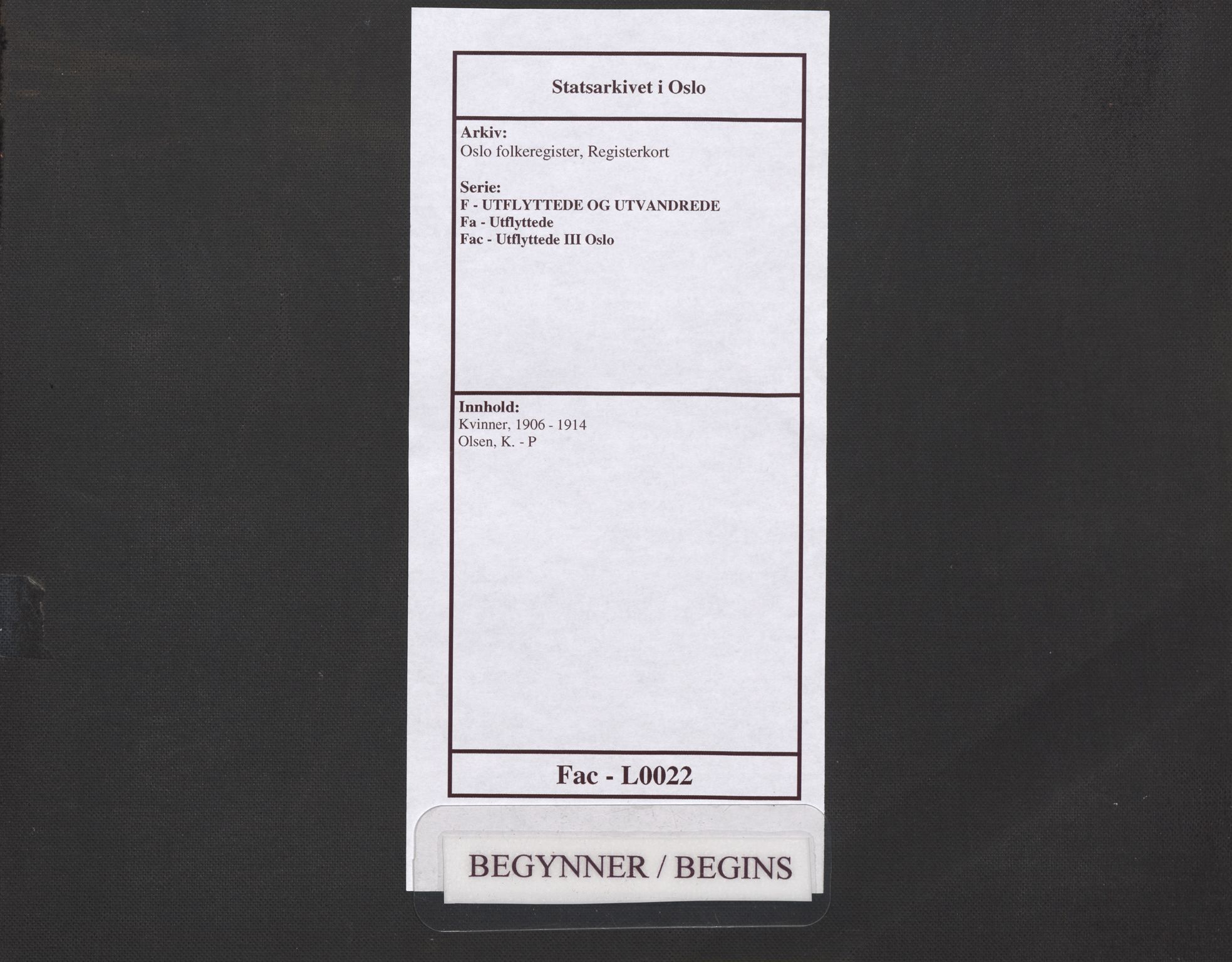 Oslo folkeregister, Registerkort, AV/SAO-A-11715/F/Fa/Fac/L0022: Kvinner, 1906-1914