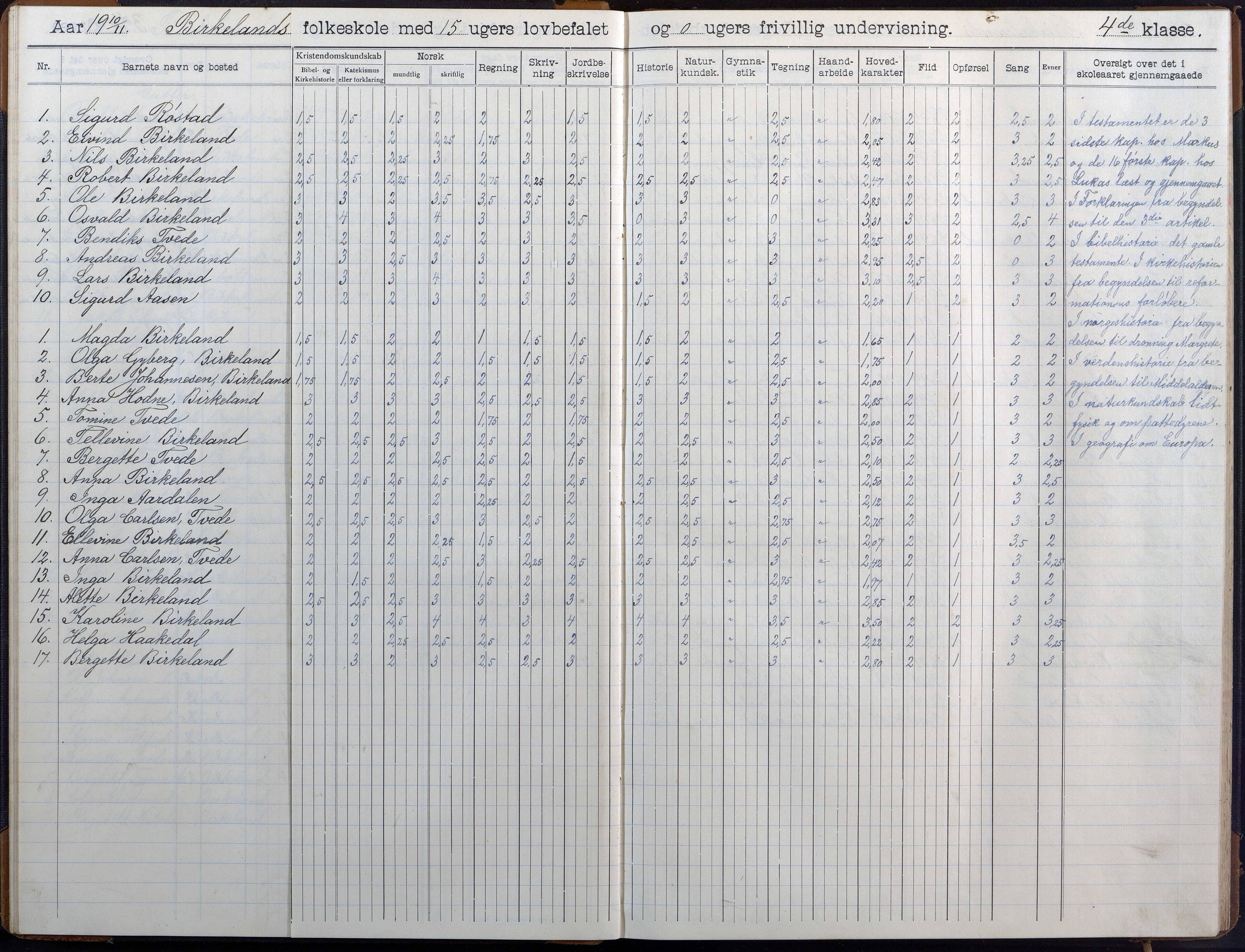 Birkenes kommune, Birkenes krets/Birkeland folkeskole frem til 1991, AAMA/KA0928-550a_91/F02/L0007: Skoleprotokoll, 1907-1931