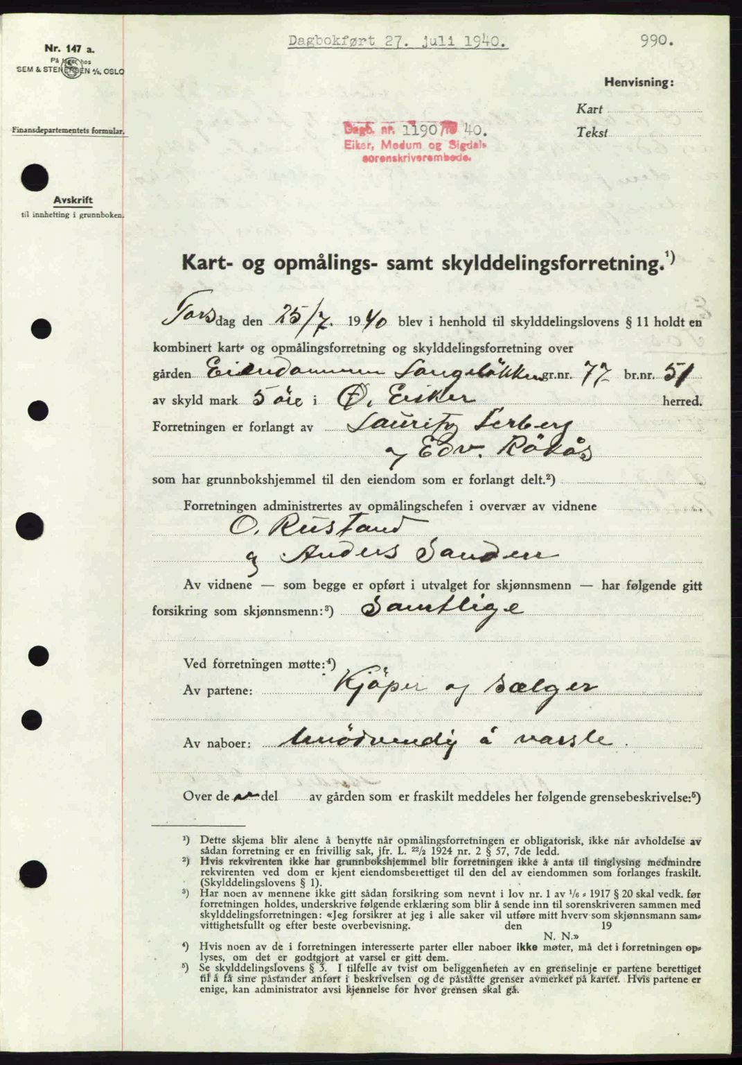 Eiker, Modum og Sigdal sorenskriveri, SAKO/A-123/G/Ga/Gab/L0041: Pantebok nr. A11, 1939-1940, Dagboknr: 1190/1940