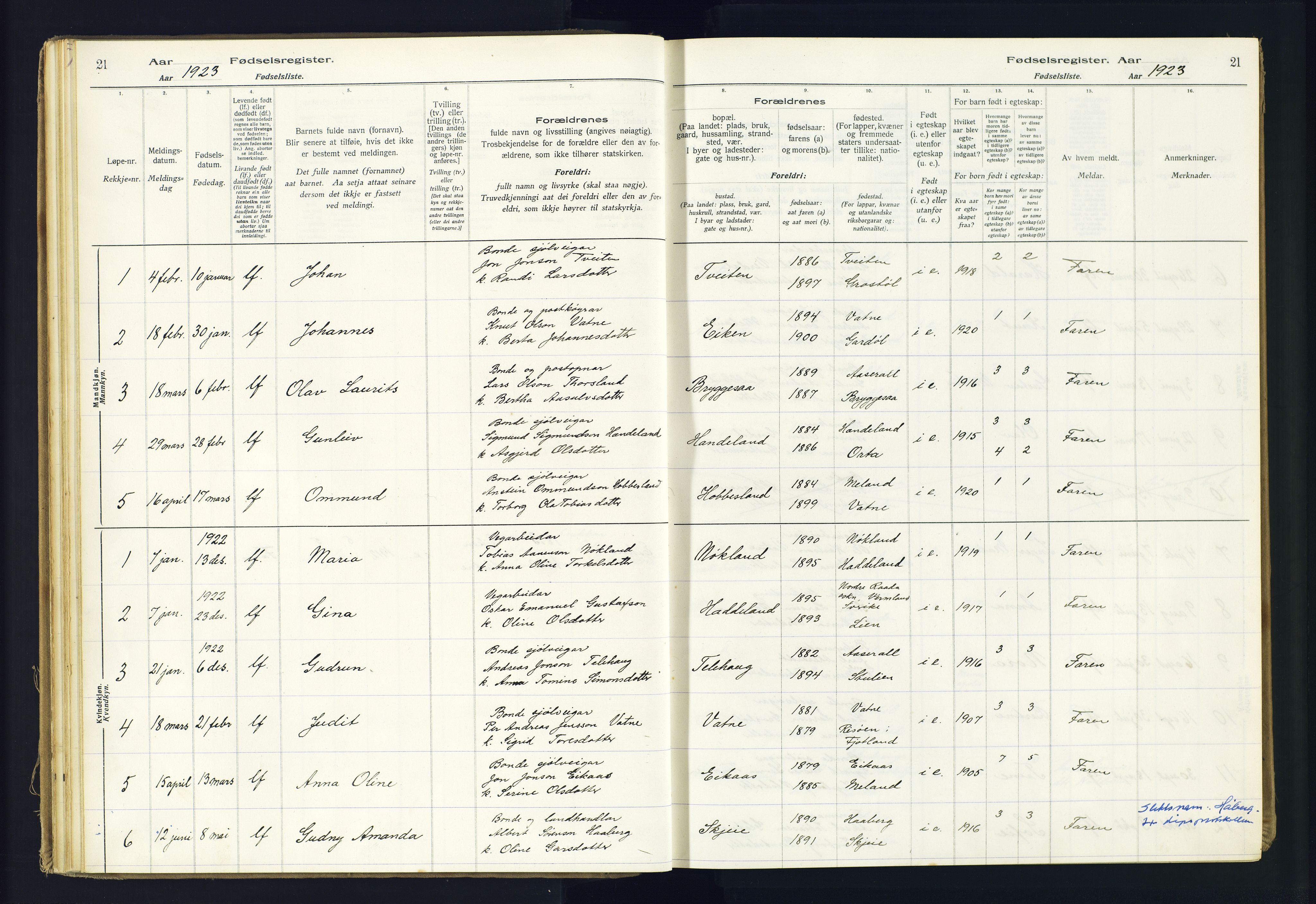 Hægebostad sokneprestkontor, SAK/1111-0024/J/Ja/L0002: Fødselsregister nr. II.6.8, 1916-1982, s. 21