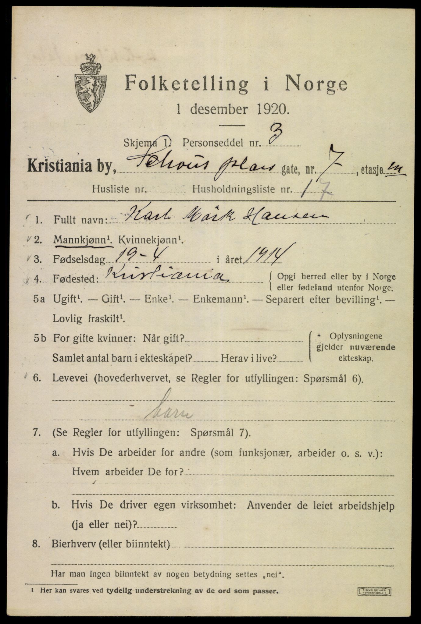 SAO, Folketelling 1920 for 0301 Kristiania kjøpstad, 1920, s. 490911