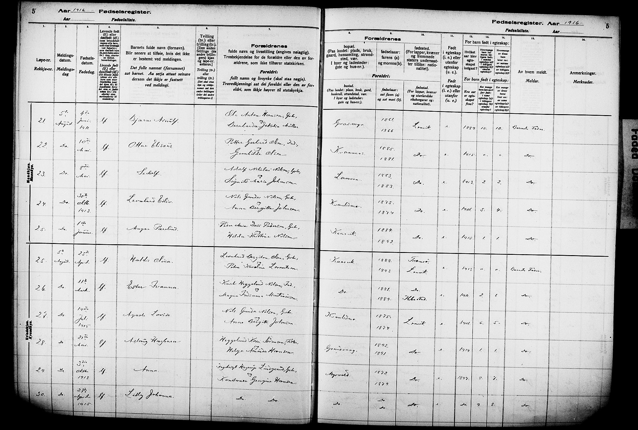 Lenvik sokneprestembete, AV/SATØ-S-1310/I/Ic/L0089: Fødselsregister nr. 89, 1916-1926, s. 5