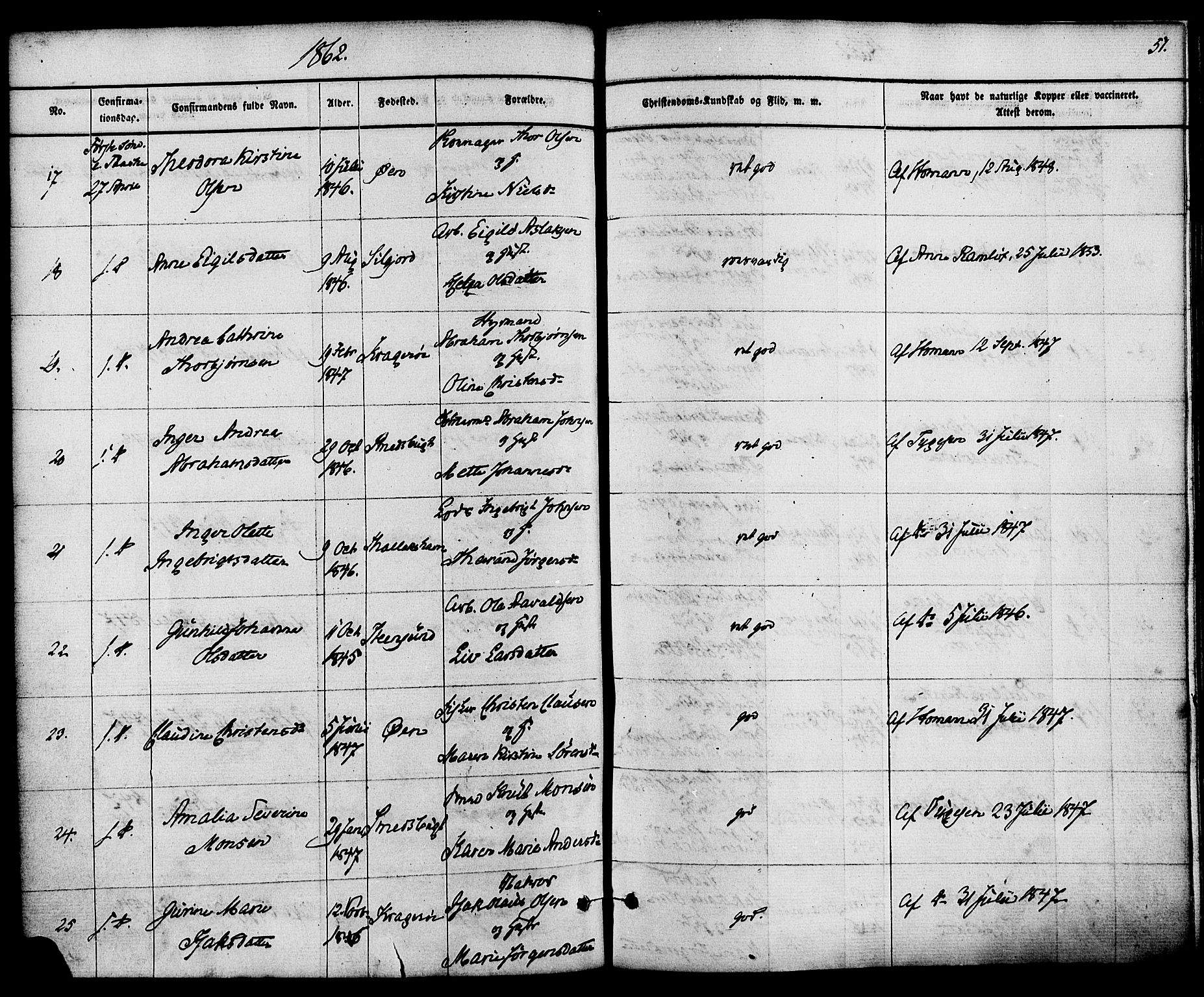 Kragerø kirkebøker, AV/SAKO-A-278/F/Fa/L0008: Ministerialbok nr. 8, 1856-1880, s. 57