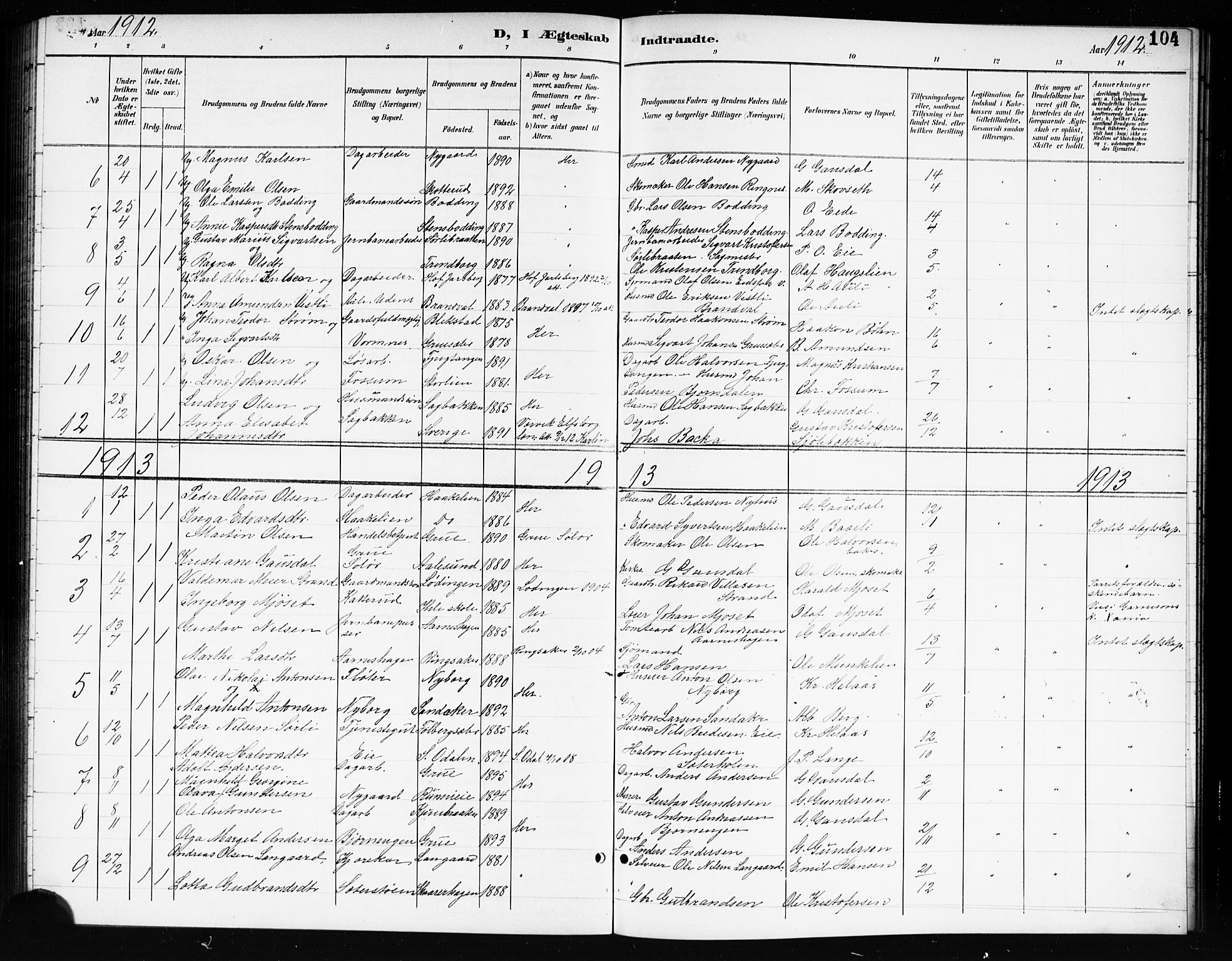 Nes prestekontor Kirkebøker, AV/SAO-A-10410/G/Gc/L0001: Klokkerbok nr. III 1, 1901-1917, s. 104