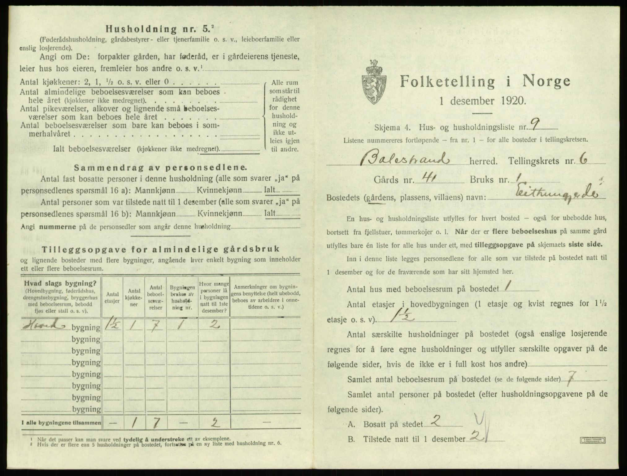 SAB, Folketelling 1920 for 1418 Balestrand herred, 1920, s. 414