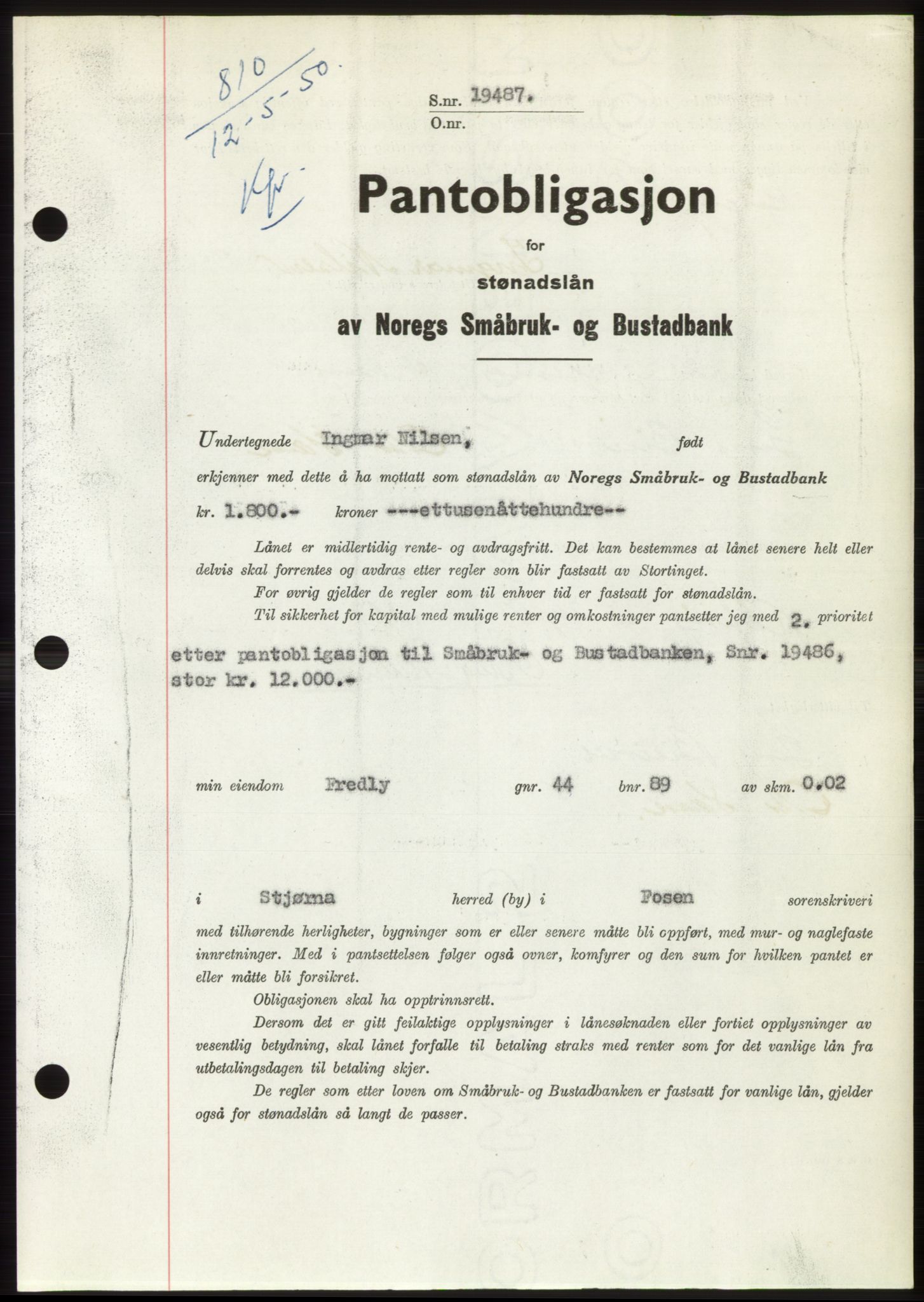 Fosen sorenskriveri, AV/SAT-A-1107/1/2/2C: Pantebok nr. B, 1948-1950, Dagboknr: 810/1950