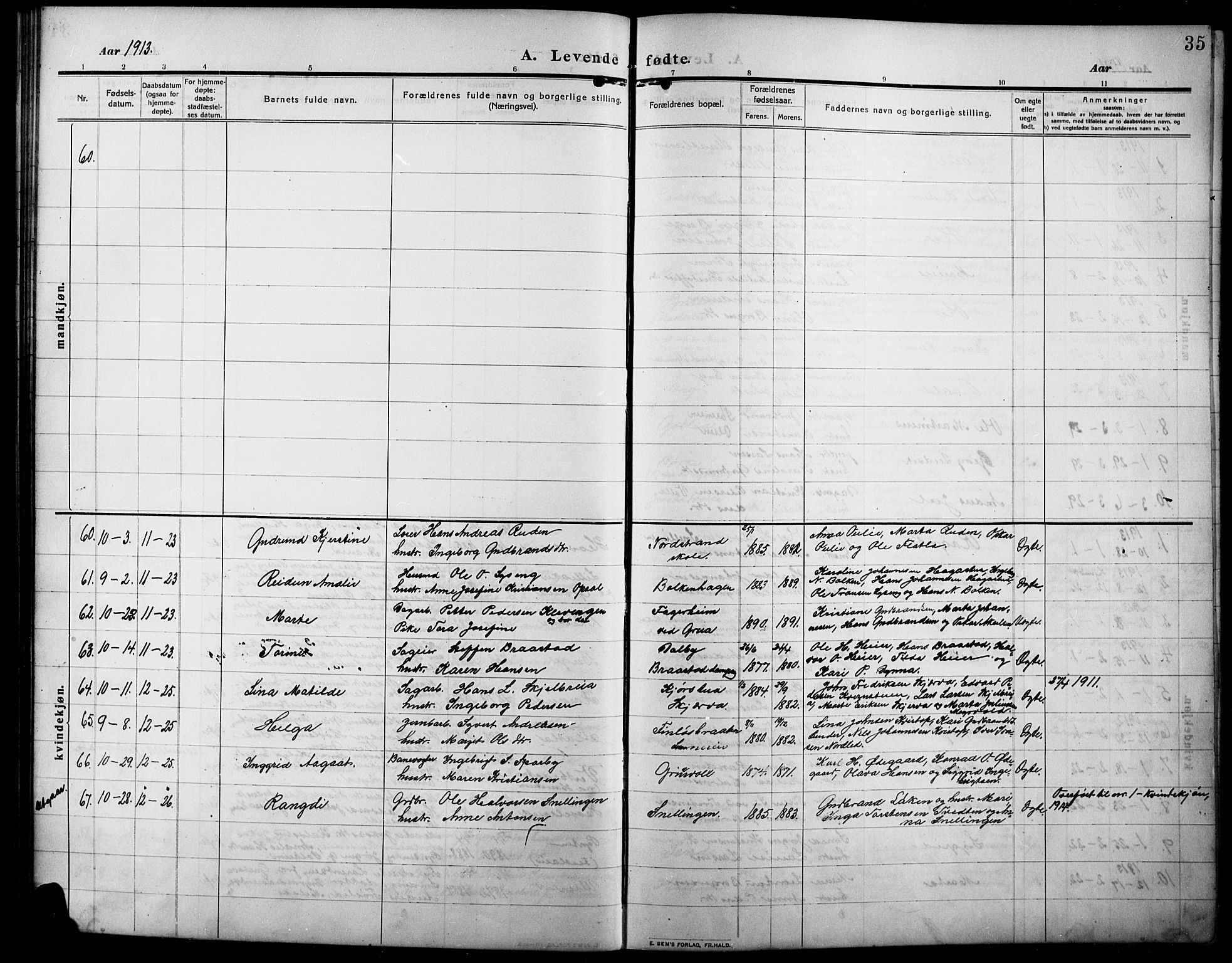 Lunner prestekontor, AV/SAH-PREST-118/H/Ha/Hab/L0001: Klokkerbok nr. 1, 1909-1922, s. 35