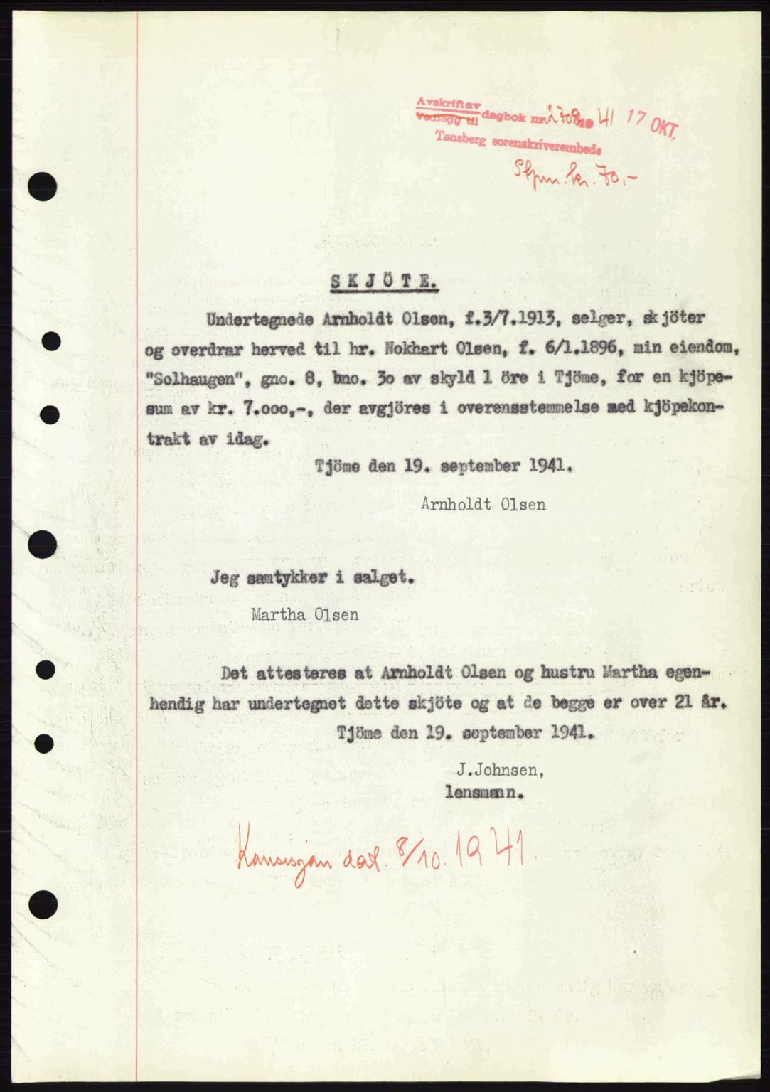 Tønsberg sorenskriveri, AV/SAKO-A-130/G/Ga/Gaa/L0010: Pantebok nr. A10, 1941-1941, Dagboknr: 2708/1941