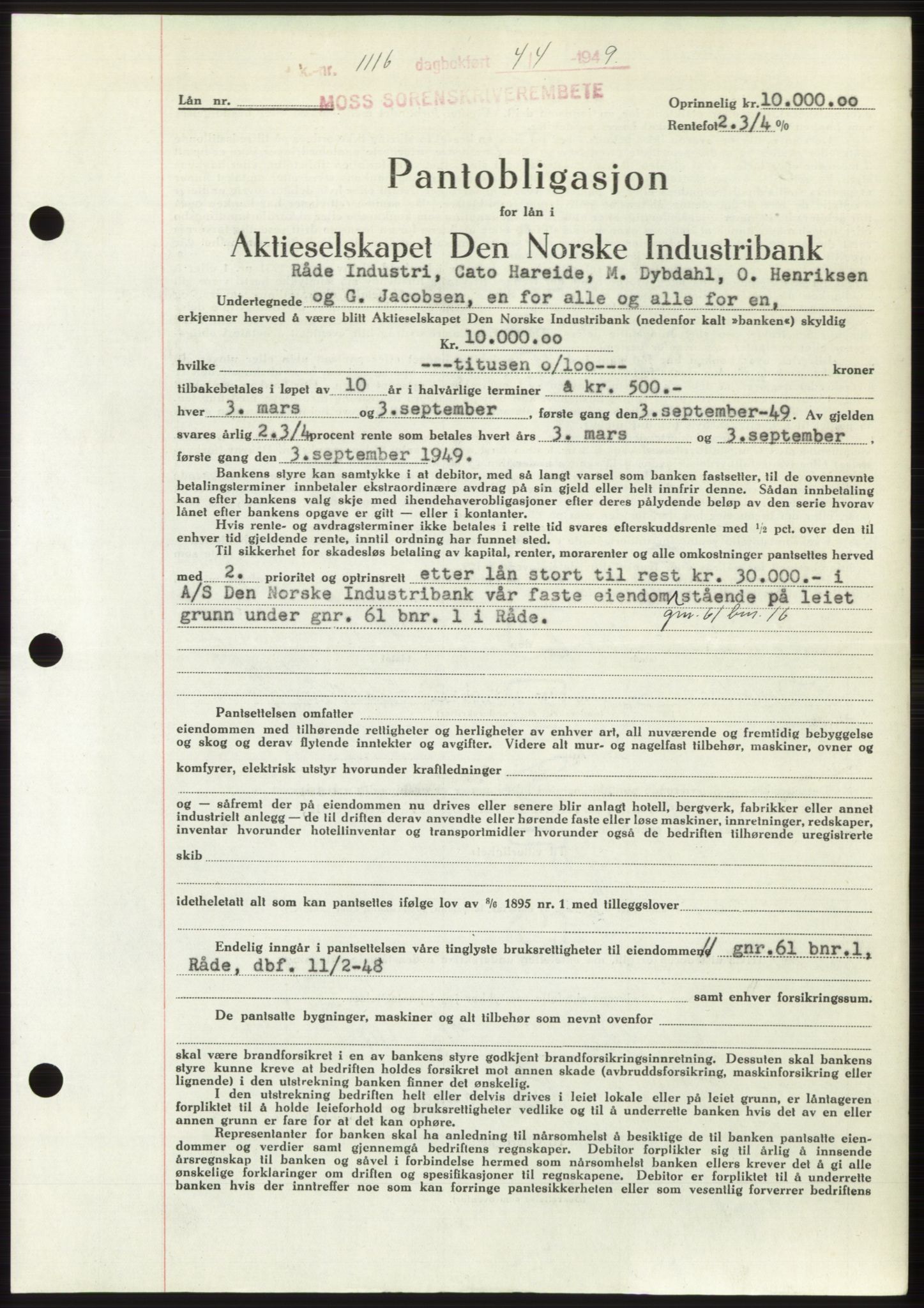 Moss sorenskriveri, SAO/A-10168: Pantebok nr. B21, 1949-1949, Dagboknr: 1116/1949