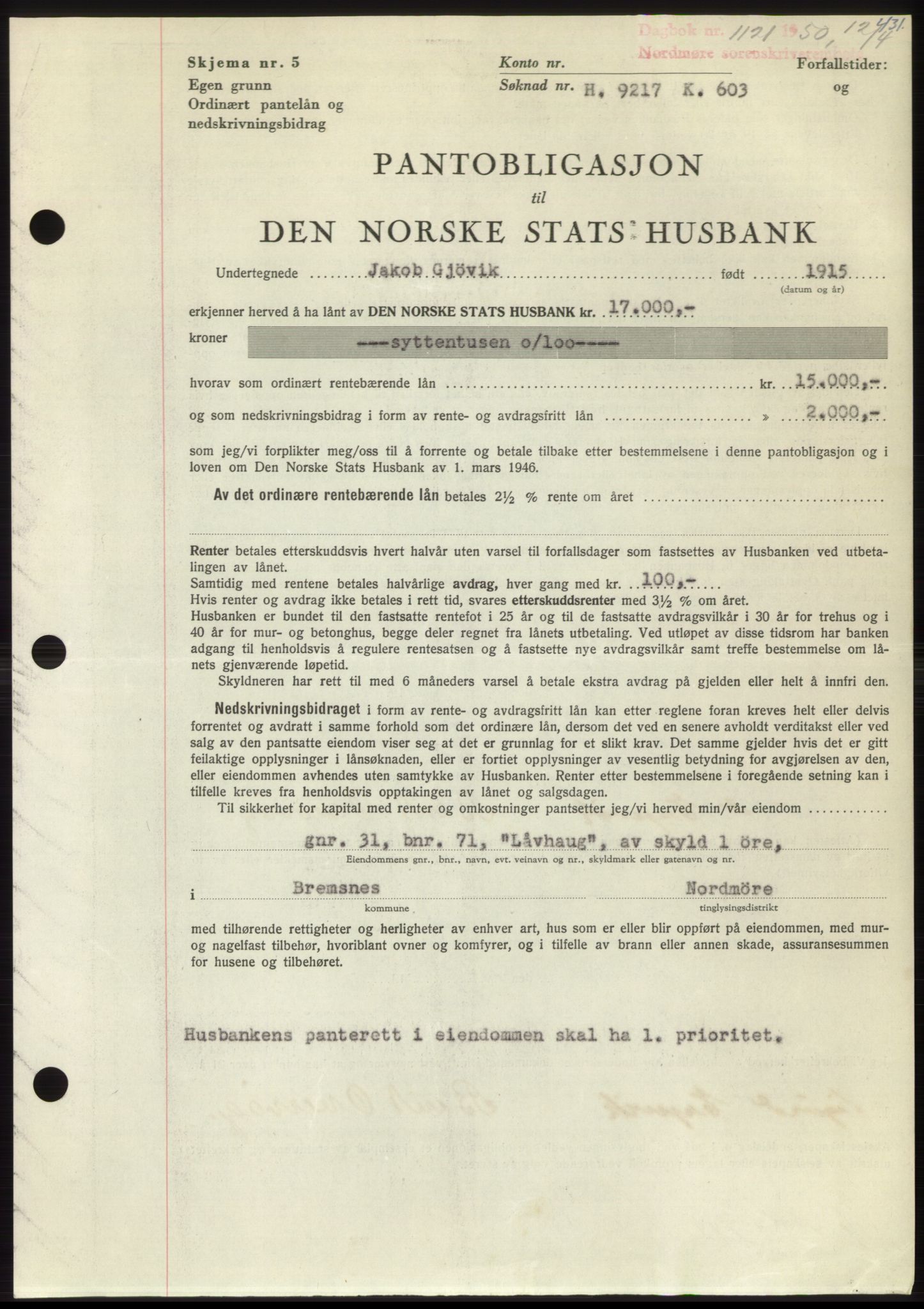 Nordmøre sorenskriveri, SAT/A-4132/1/2/2Ca: Pantebok nr. B104, 1950-1950, Dagboknr: 1121/1950