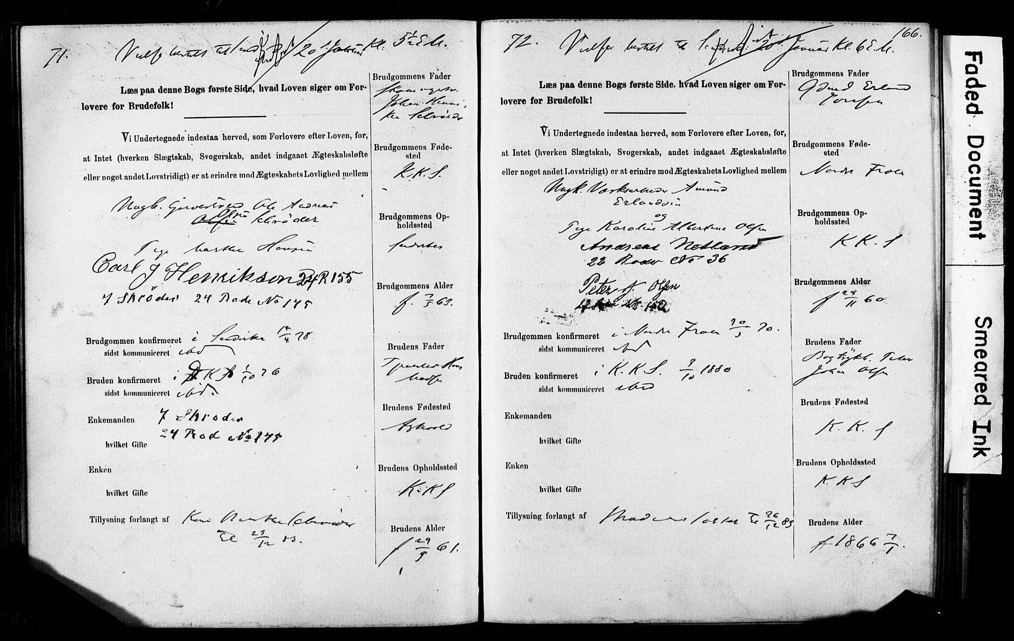 Korskirken sokneprestembete, SAB/A-76101: Forlovererklæringer nr. II.5.5, 1878-1889, s. 166