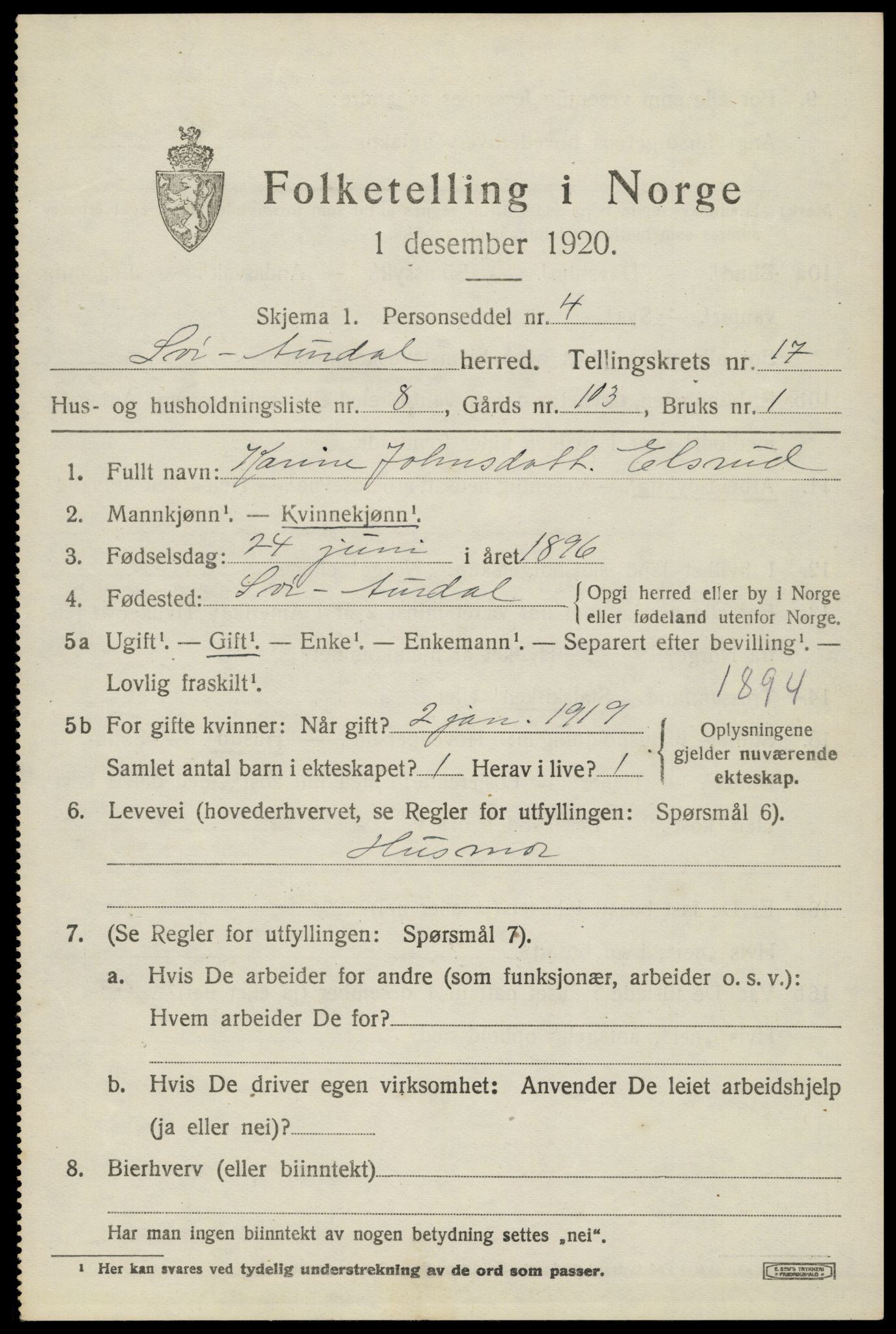 SAH, Folketelling 1920 for 0540 Sør-Aurdal herred, 1920, s. 9881