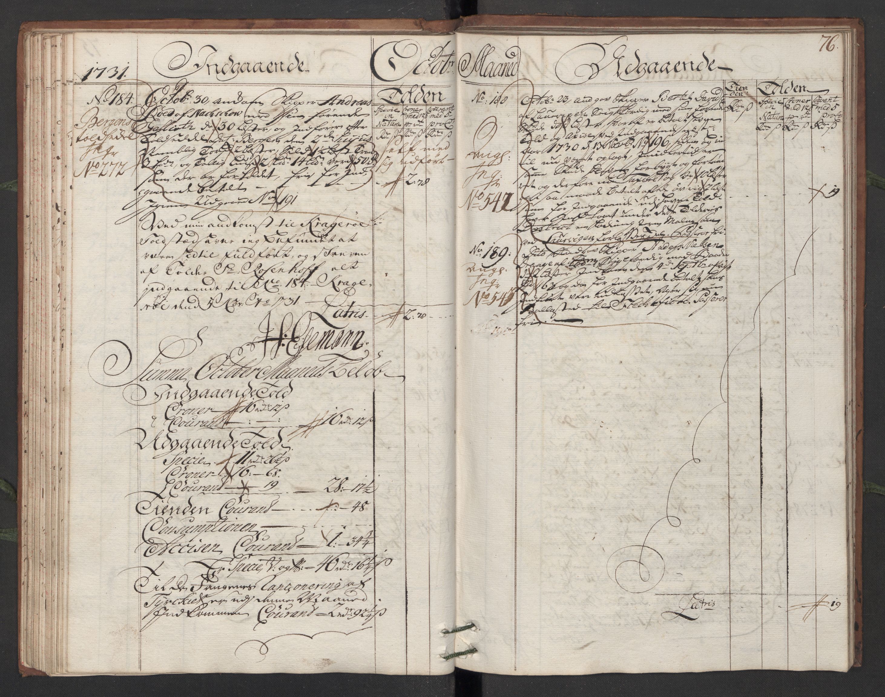 Generaltollkammeret, tollregnskaper, RA/EA-5490/R13/L0006/0001: Tollregnskaper Kragerø / Hovedtollbok, 1731, s. 75b-76a
