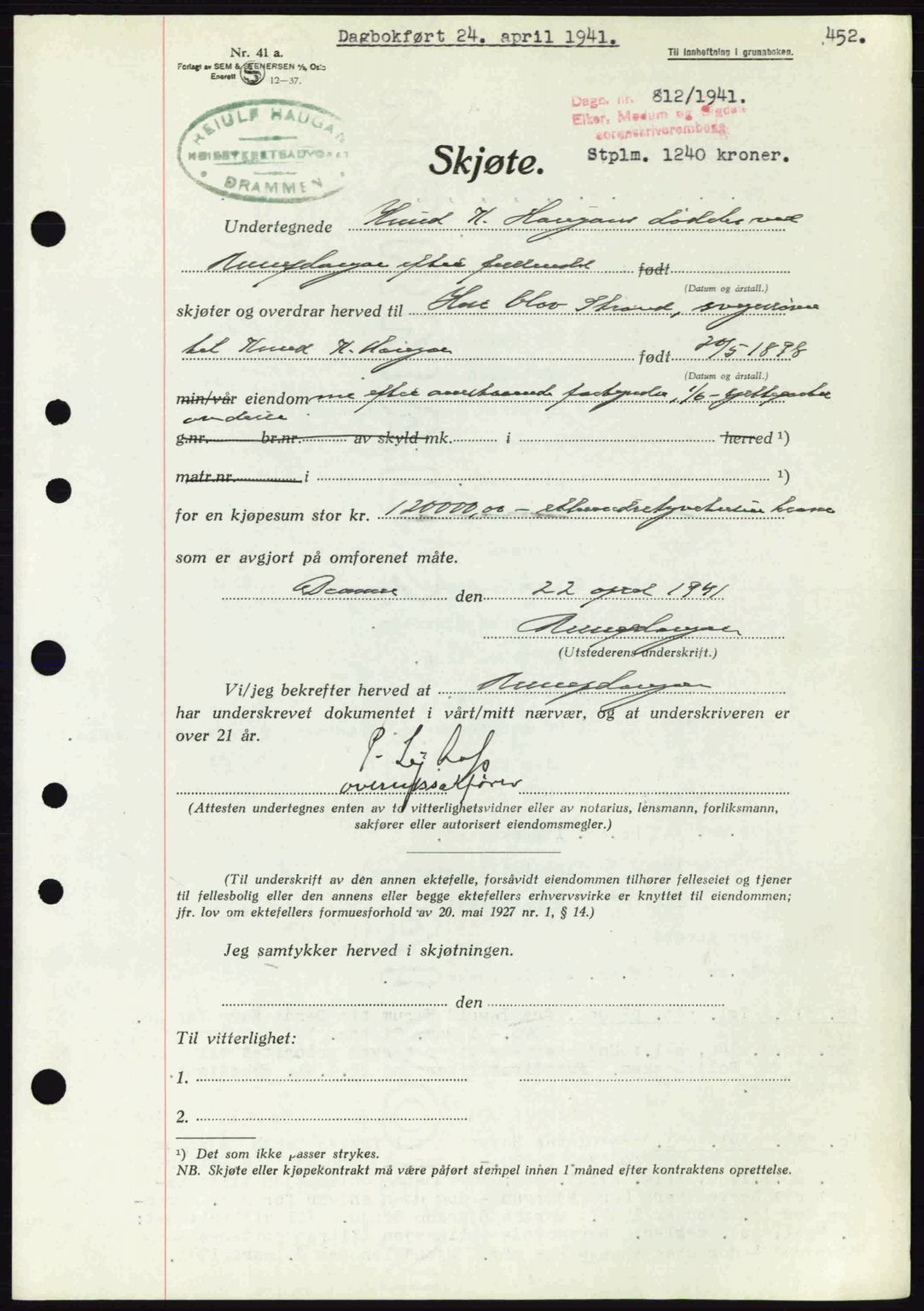 Eiker, Modum og Sigdal sorenskriveri, SAKO/A-123/G/Ga/Gab/L0043: Pantebok nr. A13, 1940-1941, Dagboknr: 812/1941