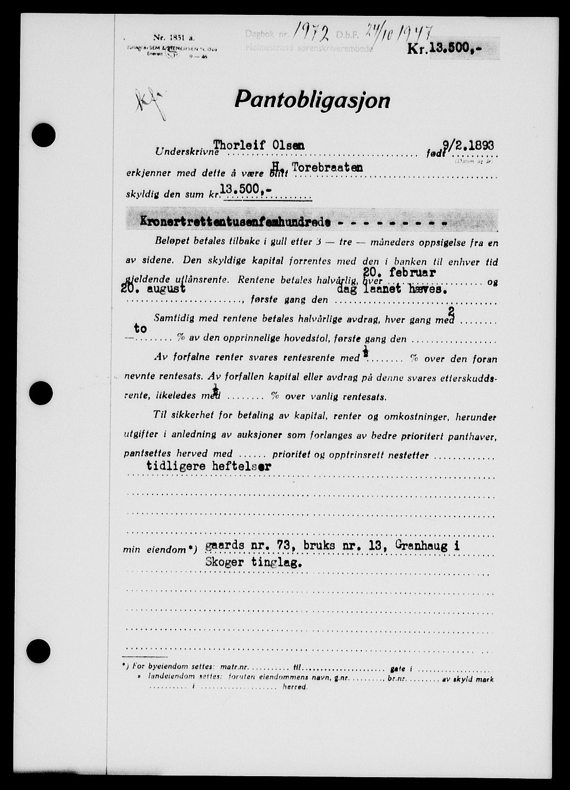 Holmestrand sorenskriveri, SAKO/A-67/G/Ga/Gab/L0058: Pantebok nr. B-58, 1947-1948, Dagboknr: 1972/1947