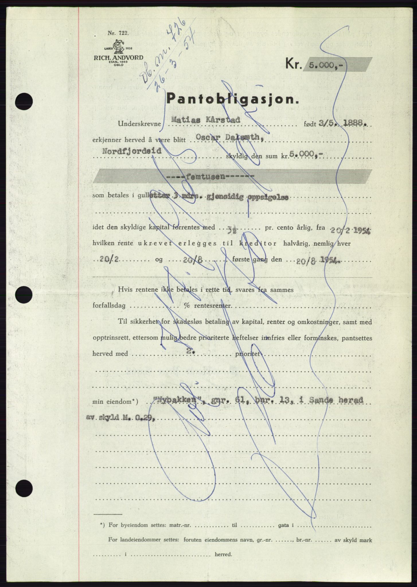 Søre Sunnmøre sorenskriveri, AV/SAT-A-4122/1/2/2C/L0124: Pantebok nr. 12B, 1953-1954, Dagboknr: 726/1954
