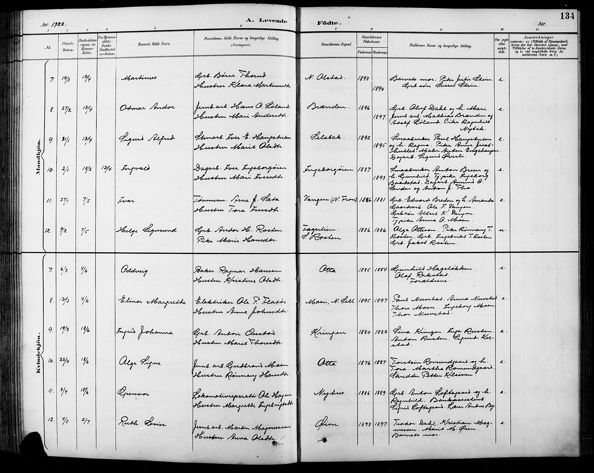 Sel prestekontor, SAH/PREST-074/H/Ha/Hab/L0001: Klokkerbok nr. 1, 1894-1923, s. 134