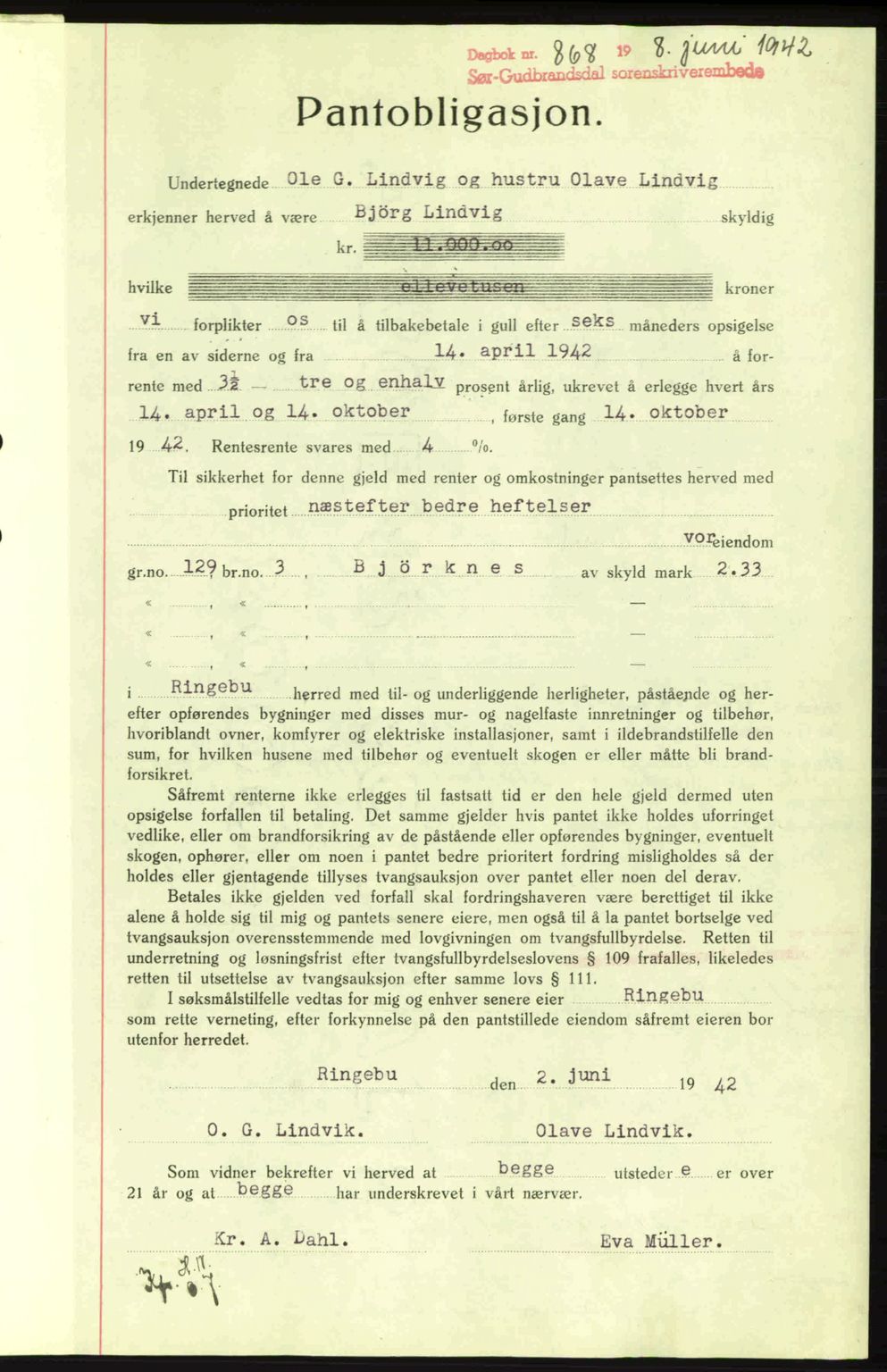 Sør-Gudbrandsdal tingrett, SAH/TING-004/H/Hb/Hbe/L0002: Pantebok nr. B2, 1939-1943, Dagboknr: 868/1942