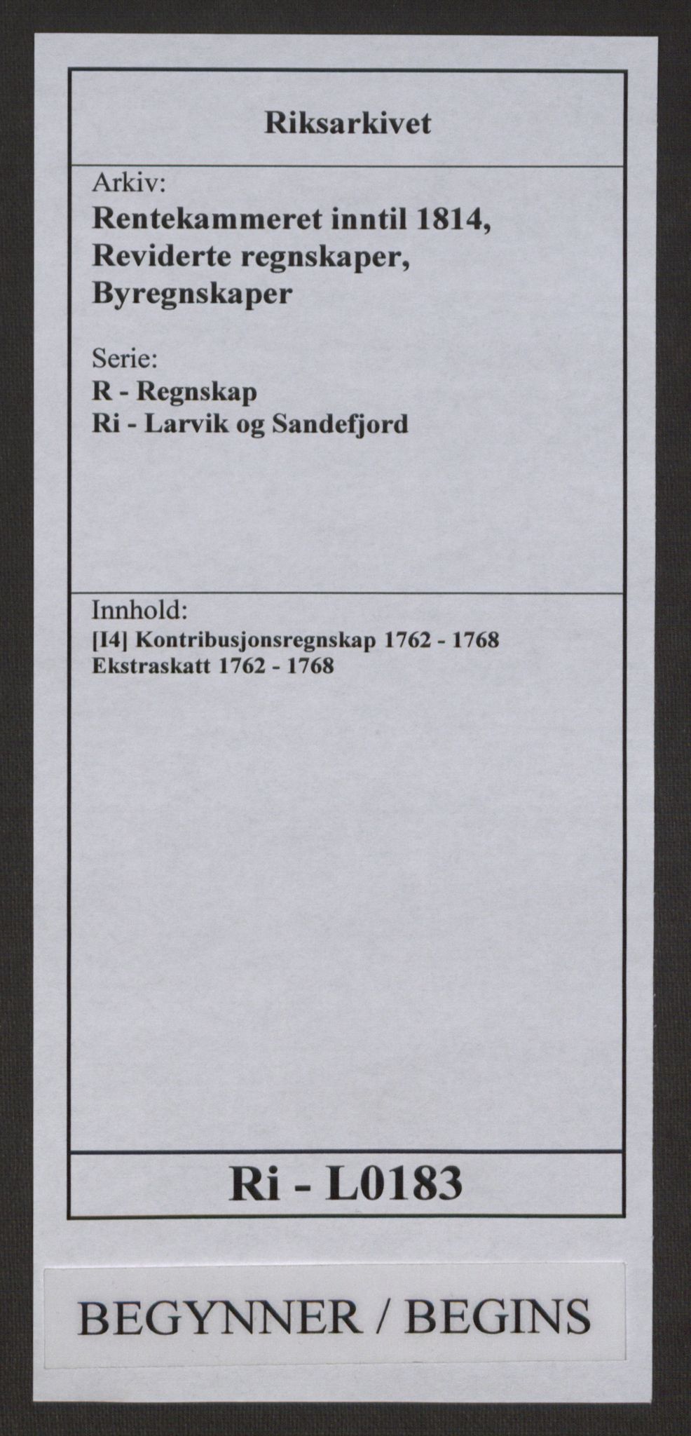 Rentekammeret inntil 1814, Reviderte regnskaper, Byregnskaper, AV/RA-EA-4066/R/Ri/L0183/0001: [I4] Kontribusjonsregnskap / Ekstraskatt, 1762-1768, s. 1