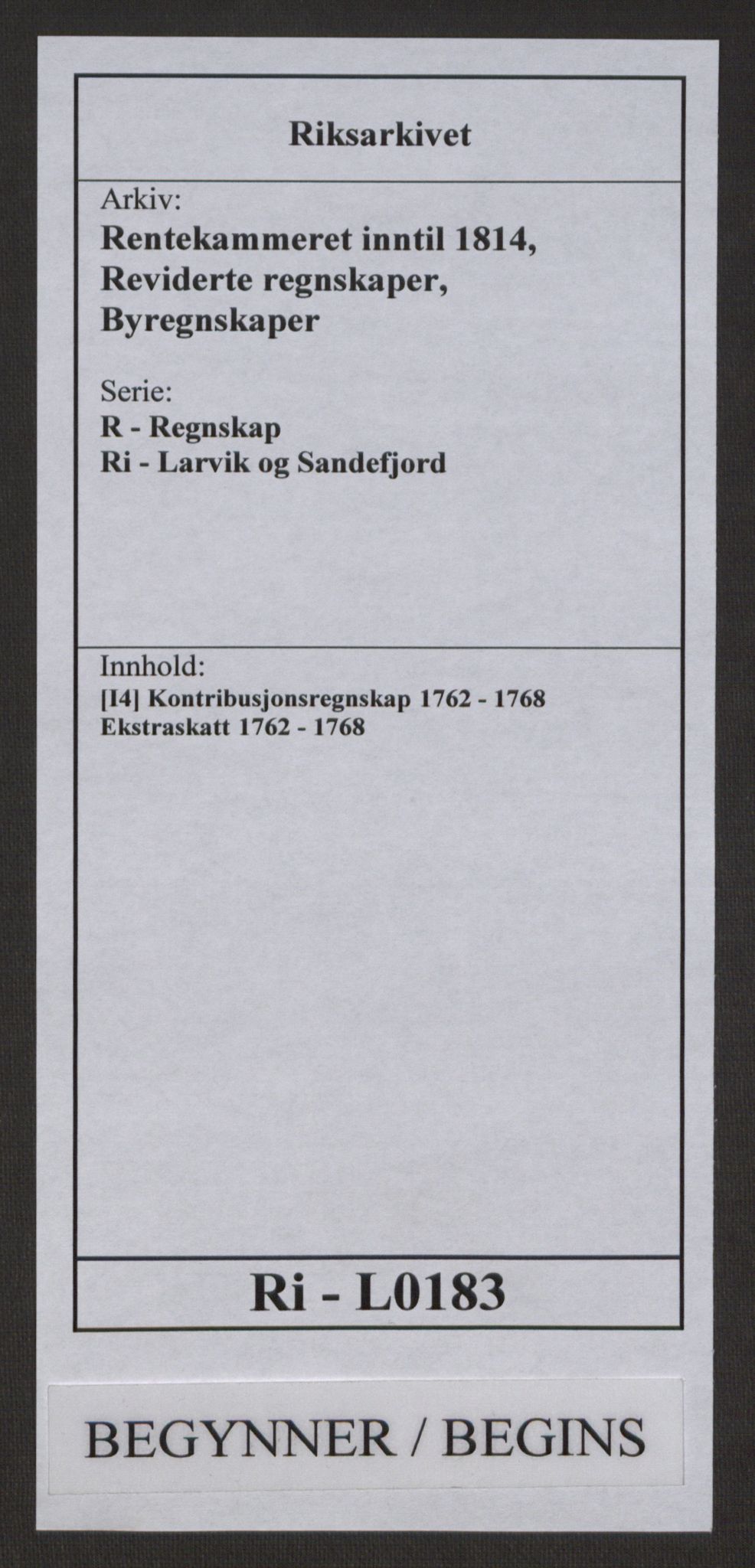 Rentekammeret inntil 1814, Reviderte regnskaper, Byregnskaper, RA/EA-4066/R/Ri/L0183/0001: [I4] Kontribusjonsregnskap / Ekstraskatt, 1762-1768, s. 1