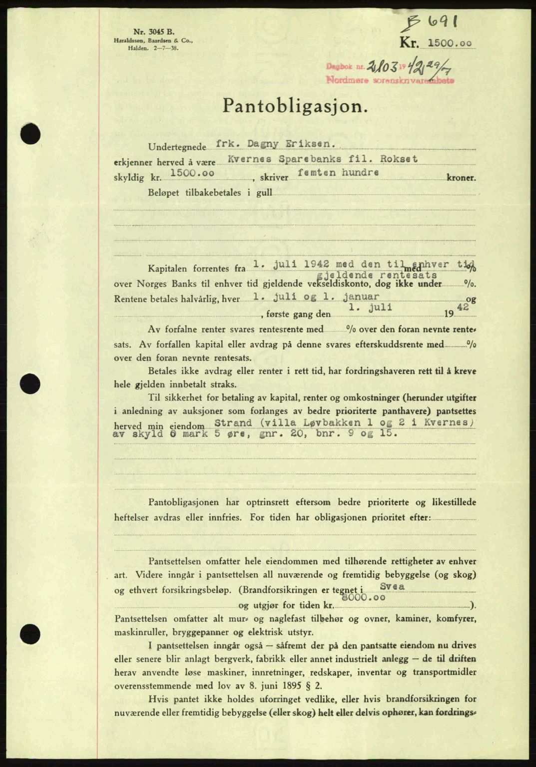 Nordmøre sorenskriveri, AV/SAT-A-4132/1/2/2Ca: Pantebok nr. B89, 1942-1942, Dagboknr: 2103/1942