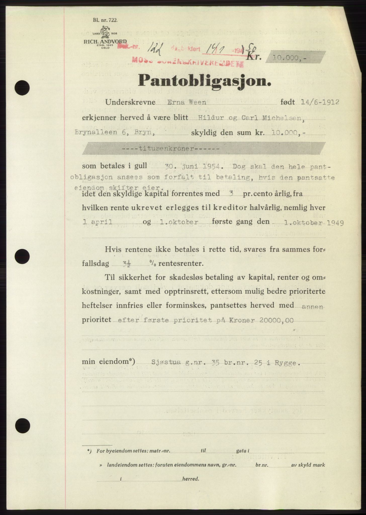 Moss sorenskriveri, SAO/A-10168: Pantebok nr. B23, 1949-1950, Dagboknr: 122/1950