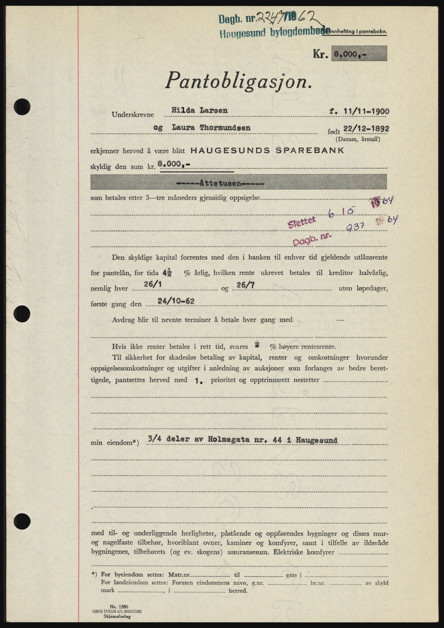 Haugesund tingrett, SAST/A-101415/01/II/IIC/L0049: Pantebok nr. B 49, 1962-1962, Dagboknr: 2247/1962