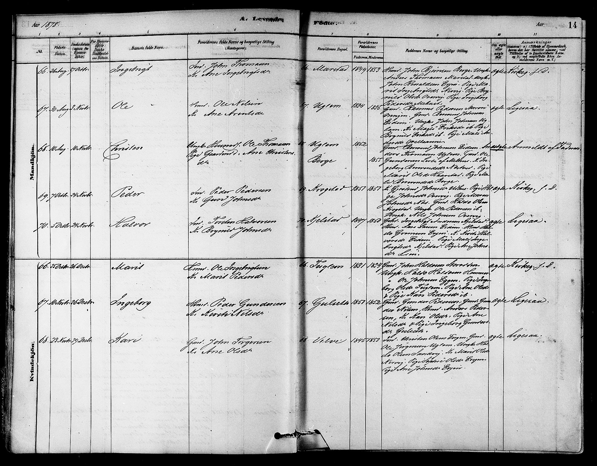 Ministerialprotokoller, klokkerbøker og fødselsregistre - Sør-Trøndelag, SAT/A-1456/695/L1148: Ministerialbok nr. 695A08, 1878-1891, s. 14