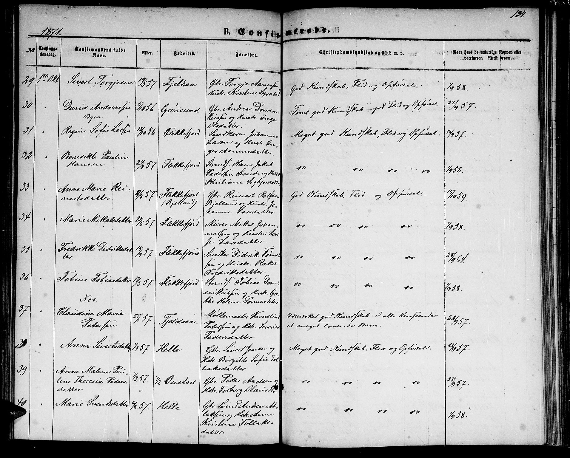 Flekkefjord sokneprestkontor, AV/SAK-1111-0012/F/Fb/Fbc/L0006: Klokkerbok nr. B 6, 1866-1879, s. 134