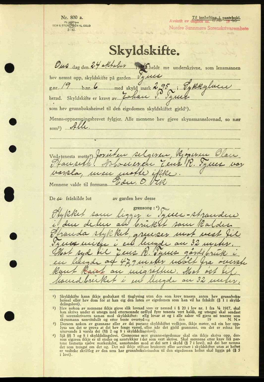 Nordre Sunnmøre sorenskriveri, AV/SAT-A-0006/1/2/2C/2Ca: Pantebok nr. A20a, 1945-1945, Dagboknr: 878/1945