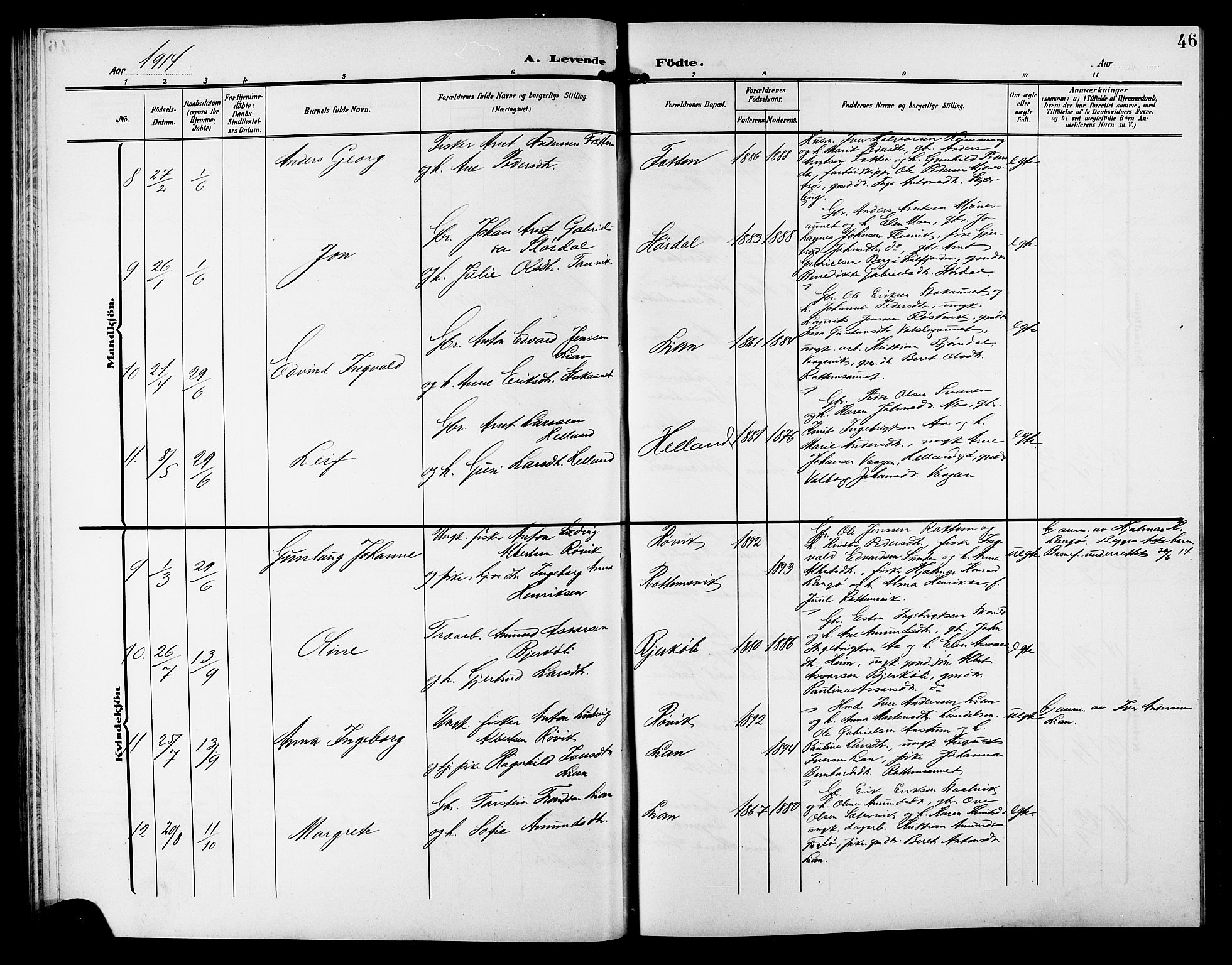 Ministerialprotokoller, klokkerbøker og fødselsregistre - Sør-Trøndelag, AV/SAT-A-1456/633/L0520: Klokkerbok nr. 633C02, 1906-1921, s. 46