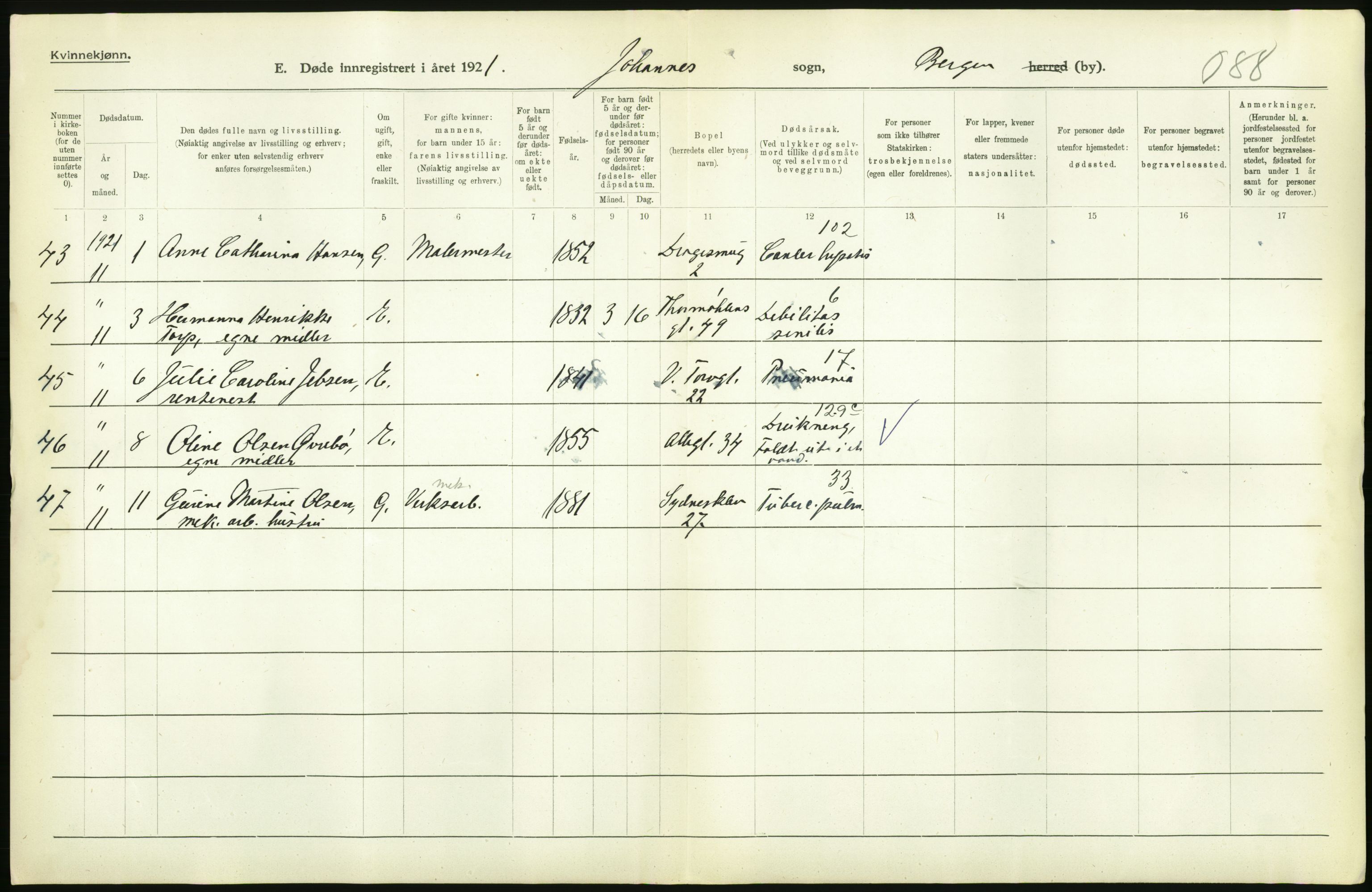 Statistisk sentralbyrå, Sosiodemografiske emner, Befolkning, RA/S-2228/D/Df/Dfc/Dfca/L0036: Bergen: Døde., 1921, s. 264