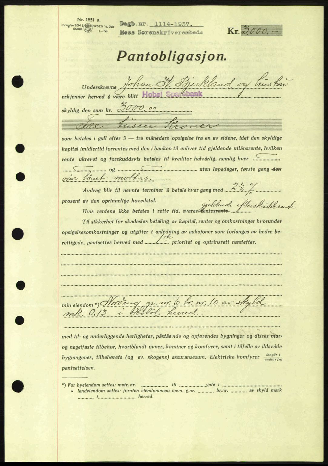 Moss sorenskriveri, SAO/A-10168: Pantebok nr. B3, 1937-1937, Dagboknr: 1114/1937