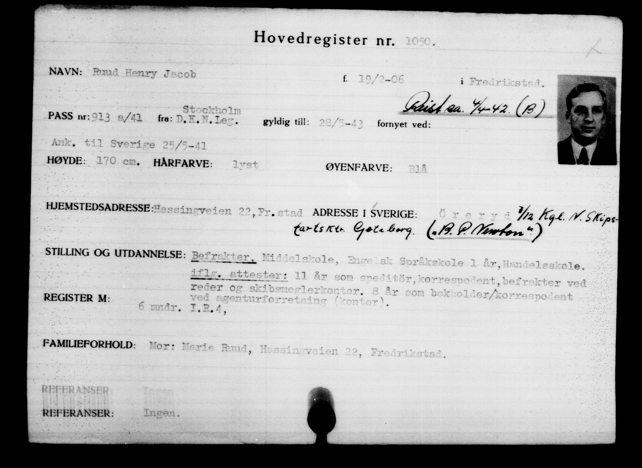 Utenriksstasjonene, Legasjonen i Stockholm, Flyktningkontoret, AV/RA-S-6753/V/Va/L0002: Kjesäterkartoteket, flyktninger med registreringsnr. 1001-2000, 1940-1945, s. 82