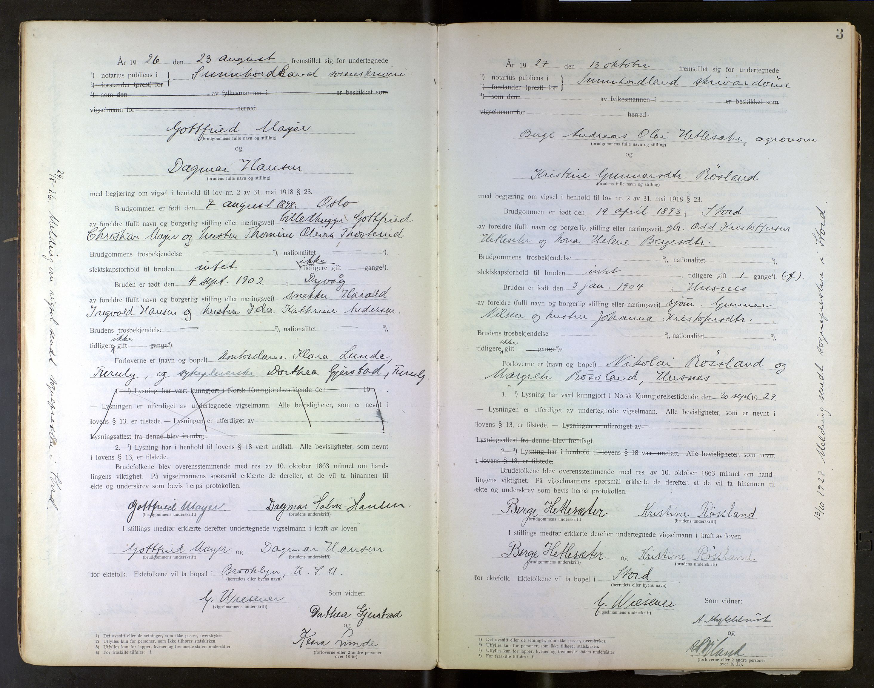 Sunnhordland sorenskrivar, AV/SAB-A-2401/2/I/Ia/L0001: Vigselsbok, 1925-1943, s. 2b-3a
