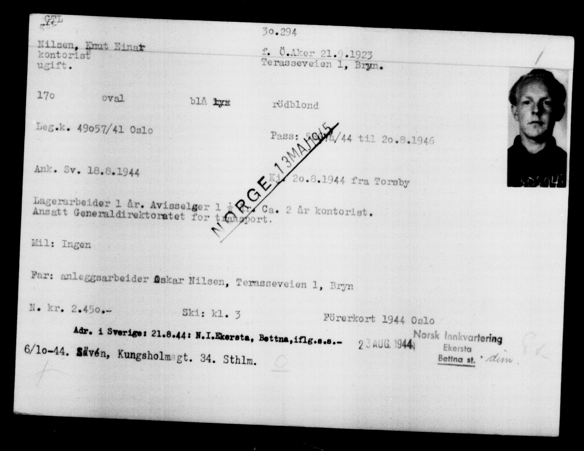 Utenriksstasjonene, Legasjonen i Stockholm, Flyktningkontoret, AV/RA-S-6753/V/Va/L0012: Kjesäterkartoteket, flyktninger med registreringsnr. 28300-31566, 1940-1945, s. 2190